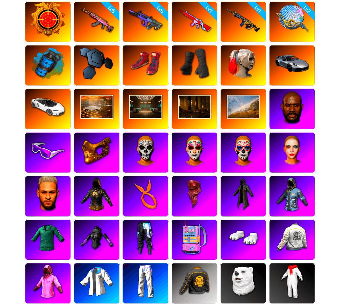 Gear Head — Beryl M762 [8], Neon Dream — AUG [6], Siren — Pan [2], Time Keeper - M416 [1], No Signal — M416 [1], Azure Smoke Grenade, Blue Smoke Grenade, Hi-top Trainers (Red), Duncan's Infiltrator Handwraps, Harley Quinn's Hair, «911 Carrera GTS» Sports Car, «Cayenne Turbo GT» SUV, «McLaren GT Standard (Silica White)» Sports Car, Showroom, Secret Showroom, Jonathan Kamau, Snow Glasses, PGC 2021 Contingent Chaos Mask, PLAYERUNKNOWN's Bandana, Heavy Fur Coat (Black), Training Jacket (Green), PGC 2022 Tac-Tech Shirt, Polar Bear Feet, Rash Beixli Xtra Tough Jacket, Hairstyle PGI.S, Bunny Academy Sailor Gloves, Rash Beixli Xtra Tough Jacket, Nostalgia, Deadman's Rhythm Makeup, Marigold Mayhem Makeup, Midnight Ritual Makeup, Harley Quinn's Makeup, PEL 2019 Phase 2 Jacket, XingHun's Tiger Strike Jacket, XingHun's Tiger Strike Pants, PKL 2019 Phase 2 Jacket, Exquisite Pants, XingHun's Tiger Strike Snow Glasses, Bunny Academy Gloves, Jijing's Shorts, LINE FRIENDS CHOCO SET, StreamerOne, Parachute, Full Autumn — M416, Bengal Blade - SCAR-L, LINE FRIENDS SALLY SET, Blue Thunder Gloves, Crash Test Handwraps, Headset Bucket Hat, Grizz's Mask, MET Asia Series Bomber Jacket, 86 Adventure Hat, Sideshow Bear Feet