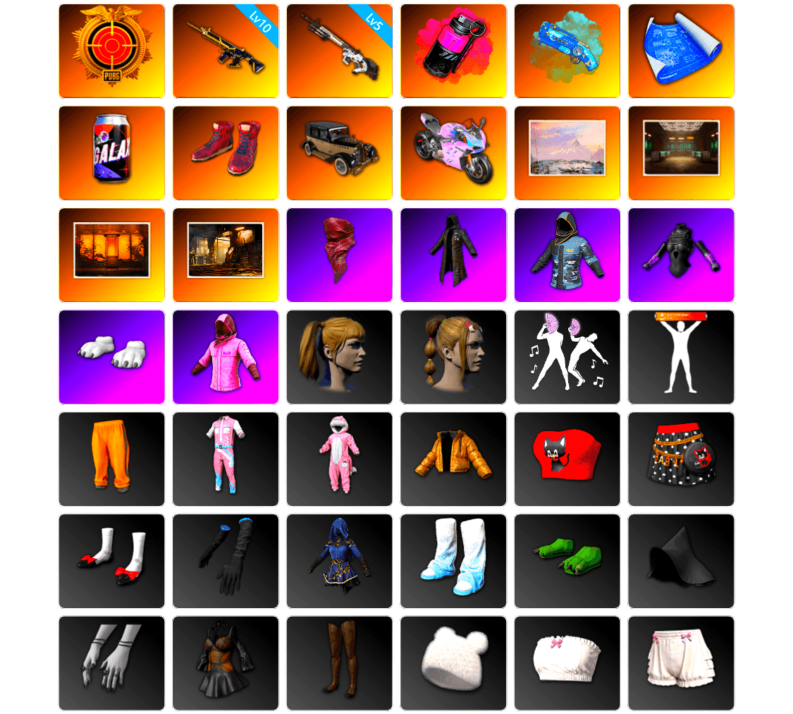 Magenta Smoke Grenade, Blue Magical Mist — M79, Hi-top Trainers (Red), «Panigale V4 S (Twilight Torque)» Motorcycle, Winter Hideout, Secret Showroom, Weapons Shrine, PLAYERUNKNOWN's Bandana, Heavy Fur Coat (Black), Polar Bear Feet, Rash Beixli Xtra Tough Jacket, Harley Quinn's Hair, Bunny Academy Sailor Gloves, Rash Beixli Xtra Tough Jacket, Desolate Warehouse, Parachute
