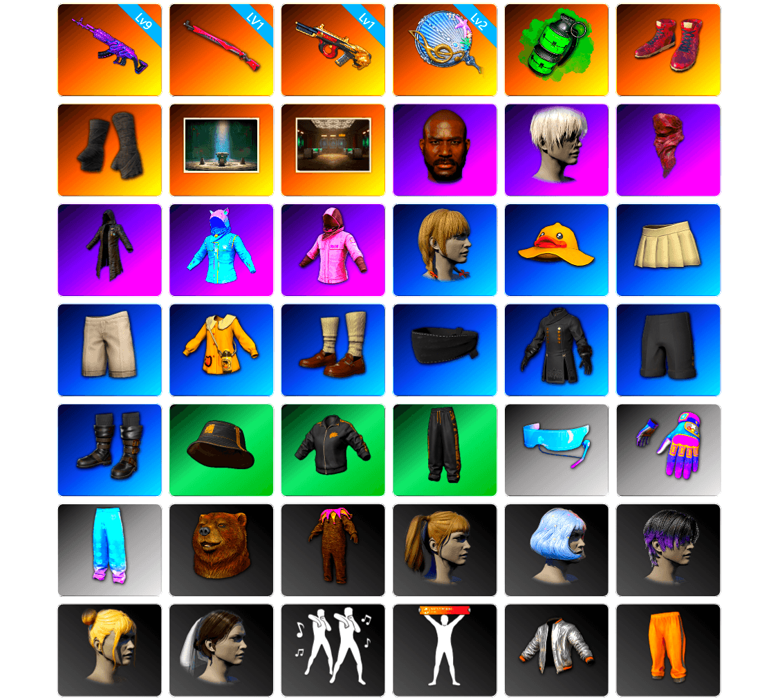 Emerald Smoke Grenade, Hi-top Trainers (Red), Duncan's Infiltrator Handwraps, Chamber of Triumph, Secret Showroom, Jonathan Kamau, 9S's Hairstyle, PLAYERUNKNOWN's Bandana, Heavy Fur Coat (Black), Aixleft's Gaming Streamer Hoodie, Rash Beixli Xtra Tough Jacket, Harley Quinn's Hair, Bunny Academy Sailor Gloves, Rash Beixli Xtra Tough Jacket, Aixleft's Gaming Streamer Hoodie, Jijing's Shorts, Parachute, Full Autumn — M416, Grizz's Mask, JiBaoBa, Sideshow Bear Feet