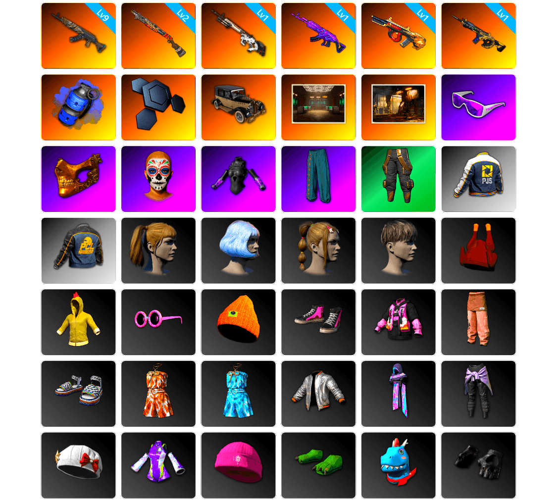 Blue Smoke Grenade, Secret Showroom, Snow Glasses, PGC 2021 Contingent Chaos Mask, Harley Quinn's Hair, Bunny Academy Sailor Gloves, Desolate Warehouse, PJS 2019 Phase 2 Jacket, PCL 2019 Phase 2 Jacket, StreamerOne, Full Autumn — M416