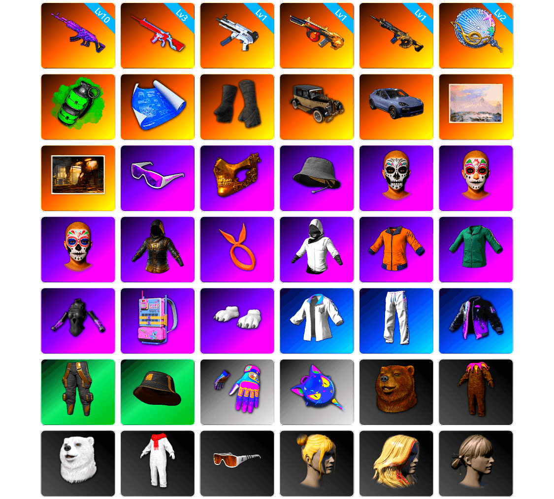Emerald Smoke Grenade, Duncan's Infiltrator Handwraps, «Cayenne Turbo GT» SUV, Winter Hideout, Snow Glasses, PGC 2021 Contingent Chaos Mask, Headset Bucket Hat, WackyJacky101's Jacket, Work Jacket, Polar Bear Feet, Bunny Academy Sailor Gloves, Desolate Warehouse, XingHun's Tiger Strike Jacket, XingHun's Tiger Strike Pants, Aixleft's Gaming Streamer Hoodie, Exquisite Pants, XingHun's Tiger Strike Snow Glasses, Pigff's Tactical Striker Jacket, XiongDi Hoodie, MET Asia Series Distressed Jeans, Jijing's Shorts, StreamerOne, Winner Winner Chicken Dinner T-Shirt (Red), Blue Thunder Gloves, Grizz's Mask, 2018 PUBG ALL-STAR T-shirt (Korean), JiBaoBa, DOUYU T-shirt, Sideshow Bear Feet, «Chiron» Sports Car