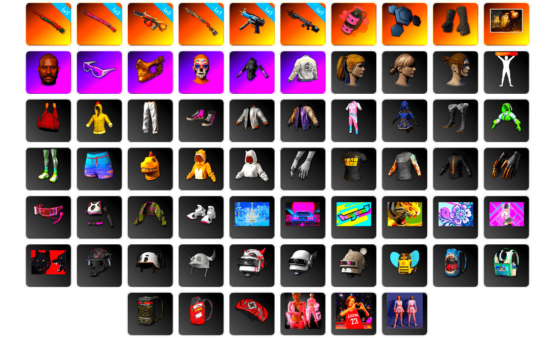 Pink Smoke Grenade, Duncan's Infiltrator Handwraps, Jonathan Kamau, Snow Glasses, PGC 2021 Contingent Chaos Mask, Harley Quinn's Hair, Desolate Warehouse, PEL 2019 Phase 2 Jacket, Exquisite Pants, StreamerOne, Parachute, Full Autumn — M416, Grizz's Mask, LINE FRIENDS SALLY SET