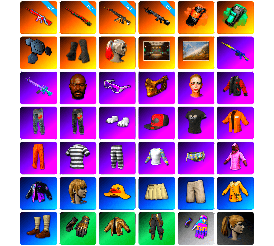 Coral Smoke Grenade, Teal Smoke Grenade, Duncan's Infiltrator Handwraps, Harley Quinn's Hair, Secret Showroom, Jonathan Kamau, Snow Glasses, PGC 2021 Contingent Chaos Mask, Polar Bear Feet, Escapee Jacket, Jailbird T-Shirt, Rash Vest, Rash Beixli Xtra Tough Jacket, Harley Quinn's Hair, Bunny Academy Sailor Gloves, Rash Beixli Xtra Tough Jacket, fuffenz's SLR, MadDog — M16A4, Harley Quinn's Makeup, The Mau5 Hat, Aixleft's Gaming Streamer Hoodie, Exquisite Pants, Pigff's Tactical Striker Jacket, XingHun's Hoodie, Xinghun's Tracksuit Pants, StreamerOne, Crimson Snowflake - QBZ, XingHun's AKM, Tactical Gloves, Rose-tinted Glasses, Grizz's Mask, MET Asia Series Bomber Jacket, Heavy Fur Coat (Black), DOUYU T-shirt, Sideshow Bear Feet