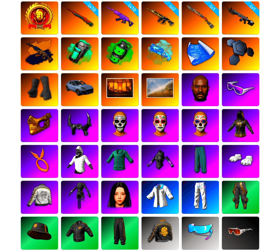 Teal Smoke Grenade, Emerald Smoke Grenade, Blue Magical Mist — M79, Duncan's Infiltrator Handwraps, «Cayenne Turbo GT» SUV, Weapons Shrine, Jonathan Kamau, Snow Glasses, PGC 2021 Contingent Chaos Mask, Demon Biker Horns, WackyJacky101's Jacket, Polar Bear Feet, aespa Stage, Harley Quinn's Hair, Bunny Academy Sailor Gloves, PML 2019 Phase 2 Jacket, XingHun's Tiger Strike Jacket, XingHun's Tiger Strike Pants, PKL 2019 Phase 2 Jacket, Aixleft's Gaming Streamer Hoodie, Exquisite Pants, XingHun's Tiger Strike Snow Glasses, Pigff's Tactical Striker Jacket, XiongDi Hoodie, MET Asia Series Bomber Jacket, StreamerOne, GPT 2025 Four Angry Men Jacket, aespa KARINA, Blue Thunder Gloves, Grizz's Mask, JiBaoBa