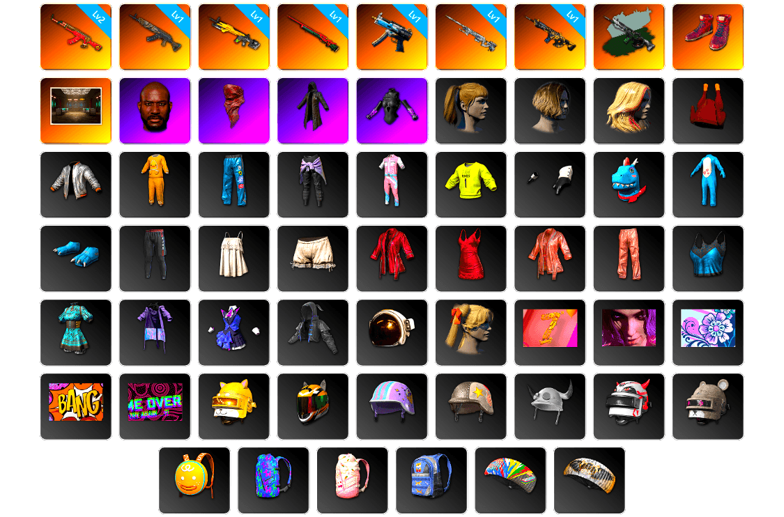 Time Keeper - M416 (Gray Green), Hi-top Trainers (Red), Secret Showroom, Jonathan Kamau, PLAYERUNKNOWN's Bandana, Heavy Fur Coat (Black), Harley Quinn's Hair, XiongDi Hoodie, Parachute, Grizz's Mask