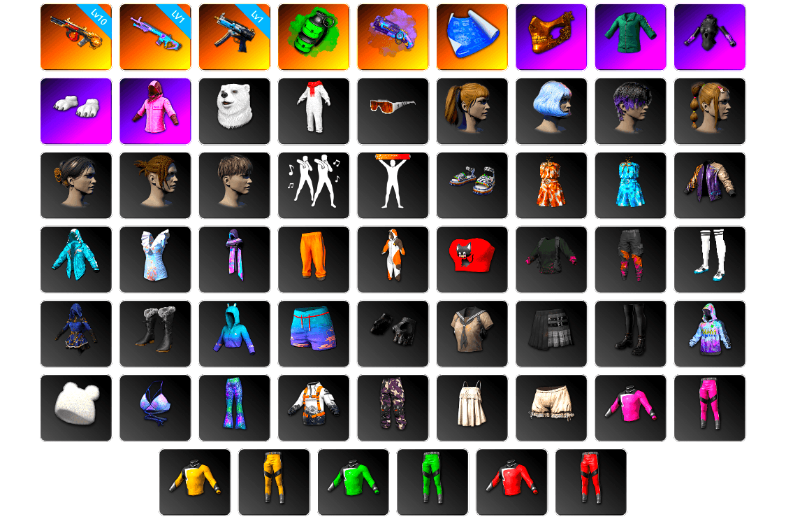 Emerald Smoke Grenade, Purple Magical Mist — M79, PGC 2021 Contingent Chaos Mask, Polar Bear Feet, Rash Beixli Xtra Tough Jacket, Harley Quinn's Hair, Bunny Academy Sailor Gloves, Rash Beixli Xtra Tough Jacket, StreamerOne, Training Jacket (Green), Full Autumn — M416, Blue Thunder Gloves, Grizz's Mask, Sideshow Bear Feet