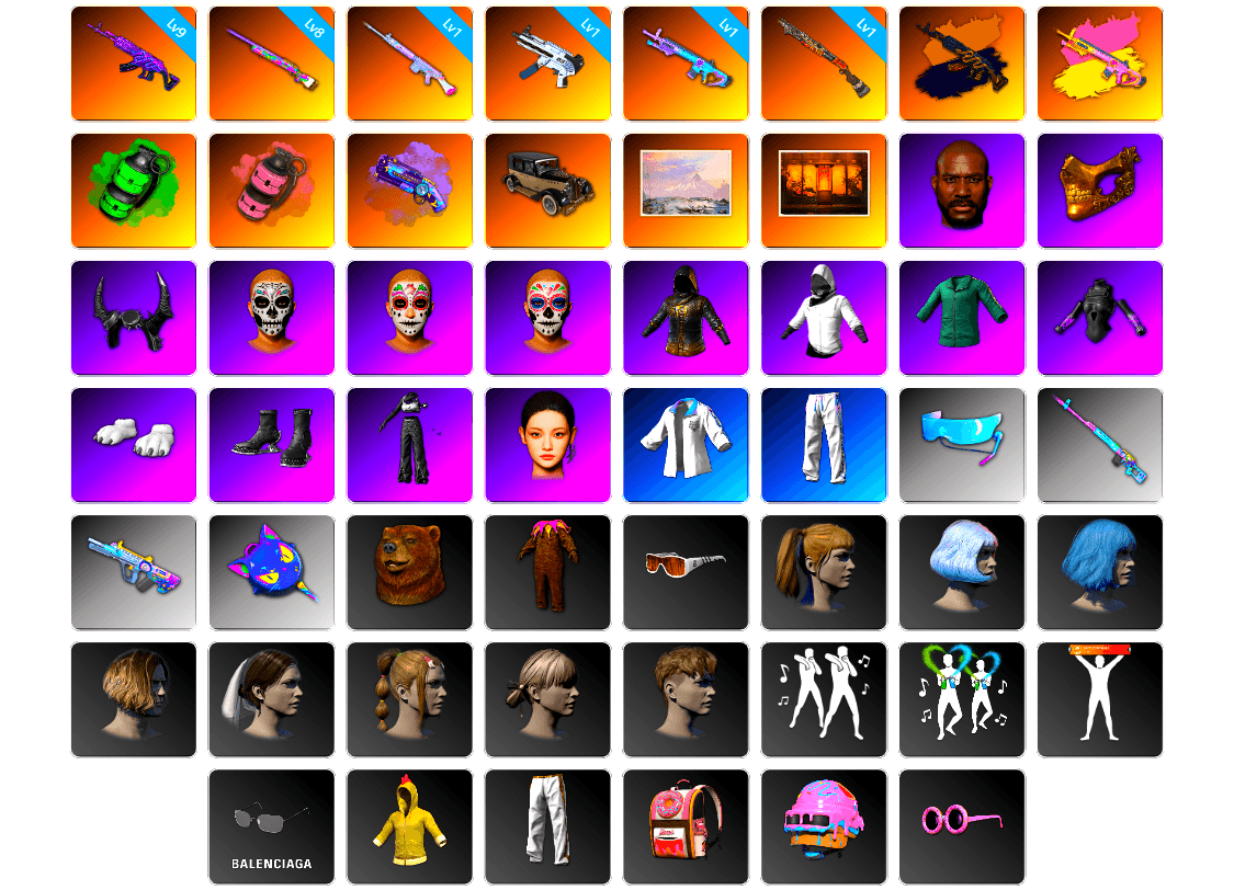 Emerald Smoke Grenade, Pink Smoke Grenade, Purple Magical Mist — M79, Winter Hideout, Weapons Shrine, Jonathan Kamau, PGC 2021 Contingent Chaos Mask, Demon Biker Horns, WackyJacky101's Jacket, Polar Bear Feet, aespa Stage, Harley Quinn's Hair, Bunny Academy Sailor Gloves, aespa NINGNING, XingHun's Tiger Strike Jacket, XingHun's Tiger Strike Pants, Aixleft's Gaming Streamer Hoodie, Exquisite Pants, XingHun's Tiger Strike Snow Glasses, Jijing's Shorts, StreamerOne, GPT 2025 Four Angry Men Jacket, Full Autumn — M416, Blue Thunder Gloves, Grizz's Mask, JiBaoBa, Sideshow Bear Feet, «Chiron» Sports Car