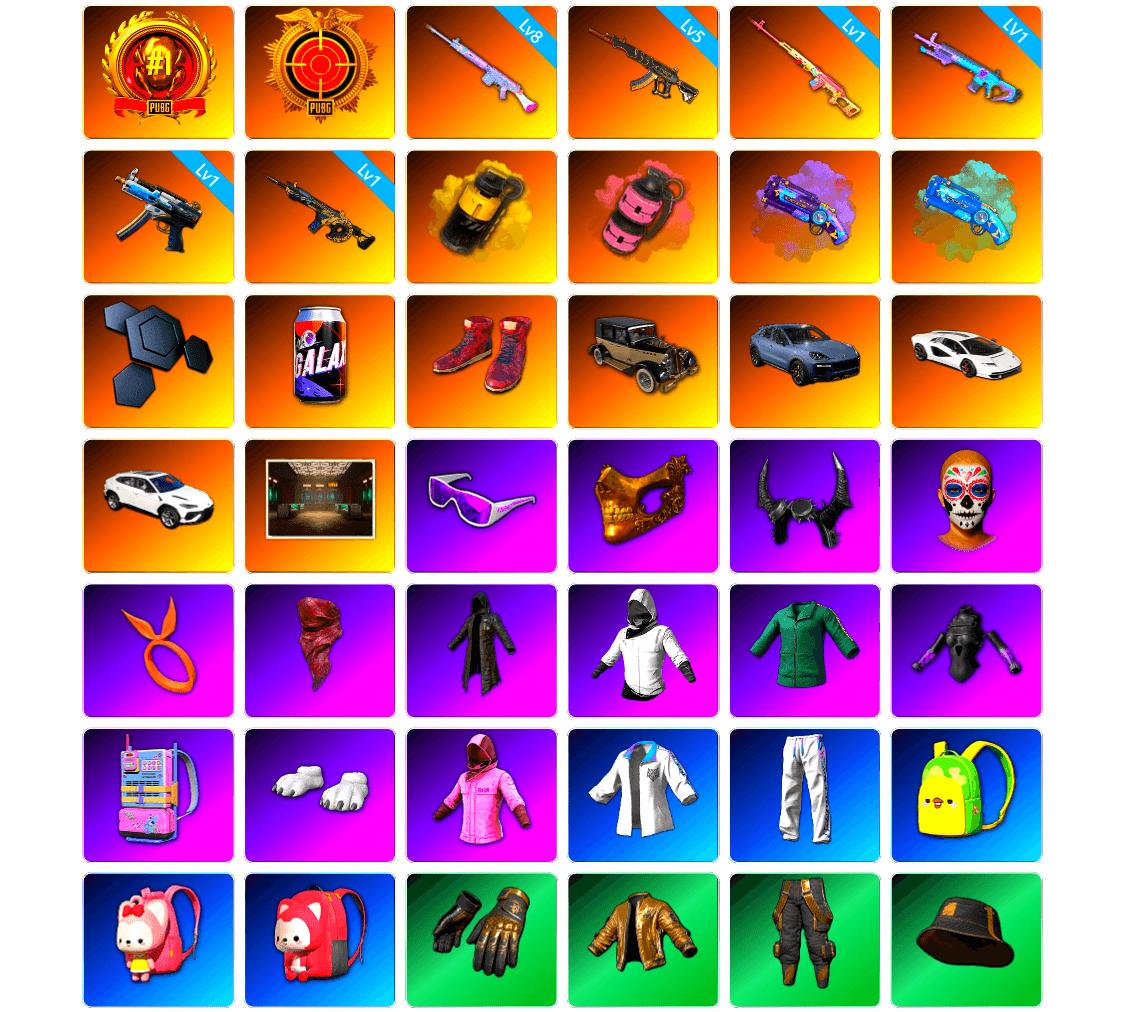 Rest in Pink — Dragunov [1], Yellow Smoke Grenade, Pink Smoke Grenade, Purple Magical Mist — M79, Blue Magical Mist — M79, Hi-top Trainers (Red), «Cayenne Turbo GT» SUV, «Countach LPI 800-4» Sports Car, Secret Showroom, Snow Glasses, PGC 2021 Contingent Chaos Mask, Demon Biker Horns, PLAYERUNKNOWN's Bandana, Heavy Fur Coat (Black), WackyJacky101's Jacket, Polar Bear Feet, Rash Beixli Xtra Tough Jacket, Harley Quinn's Hair, Bunny Academy Sailor Gloves, Rash Beixli Xtra Tough Jacket, XingHun's Tiger Strike Jacket, XingHun's Tiger Strike Pants, PCL 2019 Phase 2 Jacket, PKL 2019 Phase 2 Jacket, XingHun's Tiger Strike Snow Glasses, XiongDi Hoodie, MET Asia Series Distressed Jeans, StreamerOne, Winner Winner Chicken Dinner T-Shirt (Red), Full Autumn — M416, Blue Thunder Gloves, Diva Glasses (White), Grizz's Mask, HUYA T-shirt