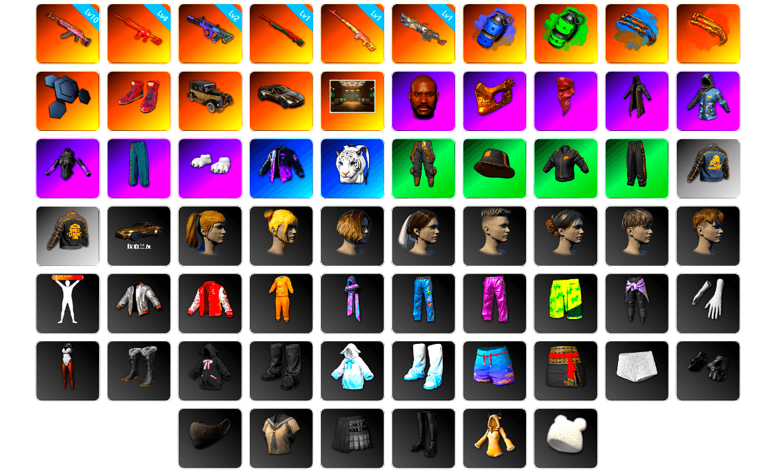 Rest in Pink — Dragunov [1], Blue Smoke Grenade, Emerald Smoke Grenade, Blue Fog of Fury — M79, Crimson Fog of Fury — M79, Hi-top Trainers (Red), «V12 Vantage Roadster» Sports Car, Secret Showroom, Jonathan Kamau, PGC 2021 Contingent Chaos Mask, PLAYERUNKNOWN's Bandana, Heavy Fur Coat (Black), Polar Bear Feet, Harley Quinn's Hair, Bunny Academy Sailor Gloves, PCL 2019 Phase 2 Jacket, PKL 2019 Phase 2 Jacket, Jijing's Shorts, Parachute, Full Autumn — M416, Shark Bite - Kar98k, Grizz's Mask