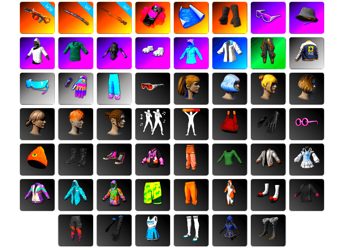 Magenta Smoke Grenade, Duncan's Infiltrator Handwraps, Snow Glasses, Headset Bucket Hat, WackyJacky101's Jacket, Polar Bear Feet, Aixleft's Gaming Streamer Hoodie, Harley Quinn's Hair, Bunny Academy Sailor Gloves, XingHun's Tiger Strike Jacket, PJS 2019 Phase 2 Jacket, Aixleft's Gaming Streamer Hoodie, MET Asia Series Distressed Jeans, Jijing's Shorts, StreamerOne, Training Jacket (Green), Full Autumn — M416, Blue Thunder Gloves, Grizz's Mask