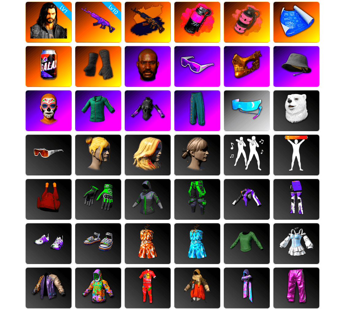 Magenta Smoke Grenade, Pink Smoke Grenade, Duncan's Infiltrator Handwraps, Jonathan Kamau, Snow Glasses, PGC 2021 Contingent Chaos Mask, Headset Bucket Hat, Bunny Academy Sailor Gloves, Aixleft's Gaming Streamer Hoodie, Pigff's Tactical Striker Jacket, XiongDi Hoodie, GPT 2025 Four Angry Men Jacket, Full Autumn — M416, Douyu Biker Jacket, Festive Gloves (Red), Blue Thunder Gloves, Diva Glasses (White), Grizz's Mask, HUYA T-shirt, DOUYU T-shirt