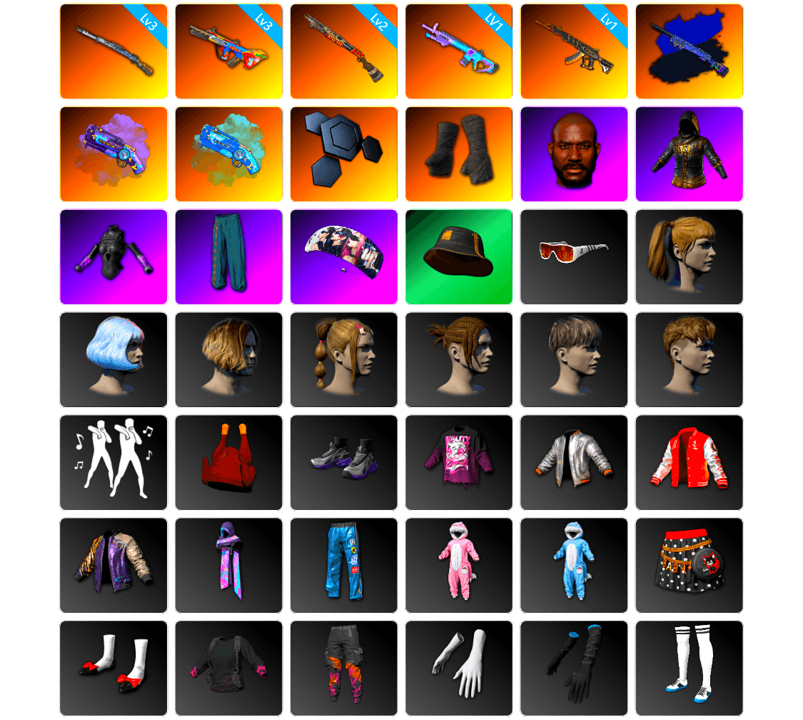 Final Serenade — M24 (Blue Black), Final Serenade — M24, Purple Magical Mist — M79, Blue Magical Mist — M79, Duncan's Infiltrator Handwraps, Jonathan Kamau, aespa Stage, Harley Quinn's Hair, Bunny Academy Sailor Gloves, Parachute, Grizz's Mask, LINE FRIENDS SALLY SET