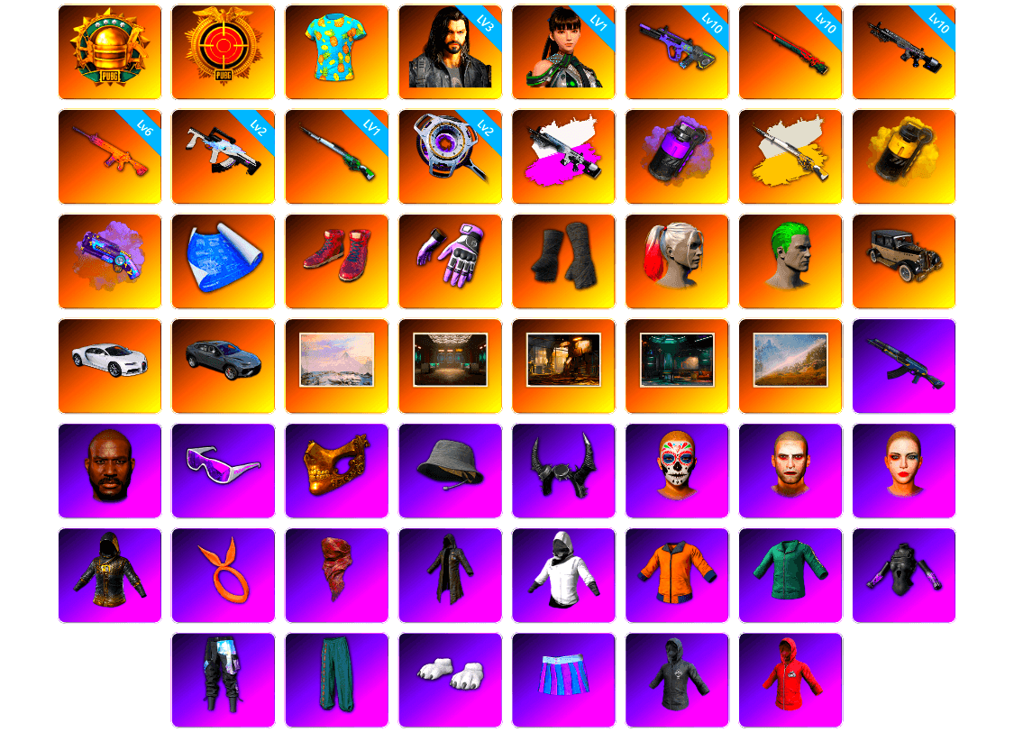 Partner Summer Shirt 2018, Obscura - Mk12 (Silver Fuchsia), Purple Smoke Grenade, Yellow Smoke Grenade, Purple Magical Mist — M79, Hi-top Trainers (Red), Heybox Gloves, Duncan's Infiltrator Handwraps, Harley Quinn's Hair, The Joker's Hair, «Chiron» Sports Car, Winter Hideout, Secret Showroom, Jonathan Kamau, Snow Glasses, PGC 2021 Contingent Chaos Mask, Headset Bucket Hat, Demon Biker Horns, The Joker's Hair, PLAYERUNKNOWN's Bandana, Heavy Fur Coat (Black), WackyJacky101's Jacket, Work Jacket, Polar Bear Feet, Rash Beixli Xtra Tough Jacket, aespa Stage, Harley Quinn's Hair, Hairstyle PGI.S, Bunny Academy Sailor Gloves, Rash Beixli Xtra Tough Jacket, Desolate Warehouse, Industrial Security — AKM, Harley Quinn's Makeup, JennaJulien's Pleated Skirt, PGI 2018 «Four Angry Men» Hoodie, aespa NINGNING, XingHun's Tiger Strike Jacket, XingHun's Tiger Strike Pants, NPL 2019 Phase 2 Jacket, PJS 2019 Phase 2 Jacket, PCL 2019 Phase 2 Jacket, PKL 2019 Phase 2 Jacket, Aixleft's Gaming Streamer Hoodie, Exquisite Pants, XingHun's Tiger Strike Snow Glasses, Pigff's Tactical Striker Jacket, NH-Esports Jacket, Jijing's Shorts, StreamerOne, Winner Winner Chicken Dinner T-Shirt (Red), GPT 2025 Four Angry Men Jacket, Training Jacket (Green), «McLaren GT Standard (Silica White)» Sports Car, Full Autumn — M416, NH-ESPORTS - Beryl M762, Bengal Blade - SCAR-L, Blue Thunder Gloves, Grizz's Mask