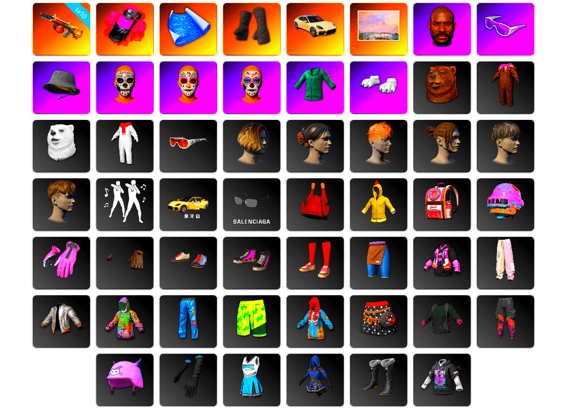 Magenta Smoke Grenade, Duncan's Infiltrator Handwraps, «Panamera Turbo S» Sedan, Winter Hideout, Jonathan Kamau, Snow Glasses, Headset Bucket Hat, Polar Bear Feet, Bunny Academy Sailor Gloves, StreamerOne, Full Autumn — M416, Blue Thunder Gloves, Grizz's Mask, GLL Grand Slam Sweatshirt, Sideshow Bear Feet