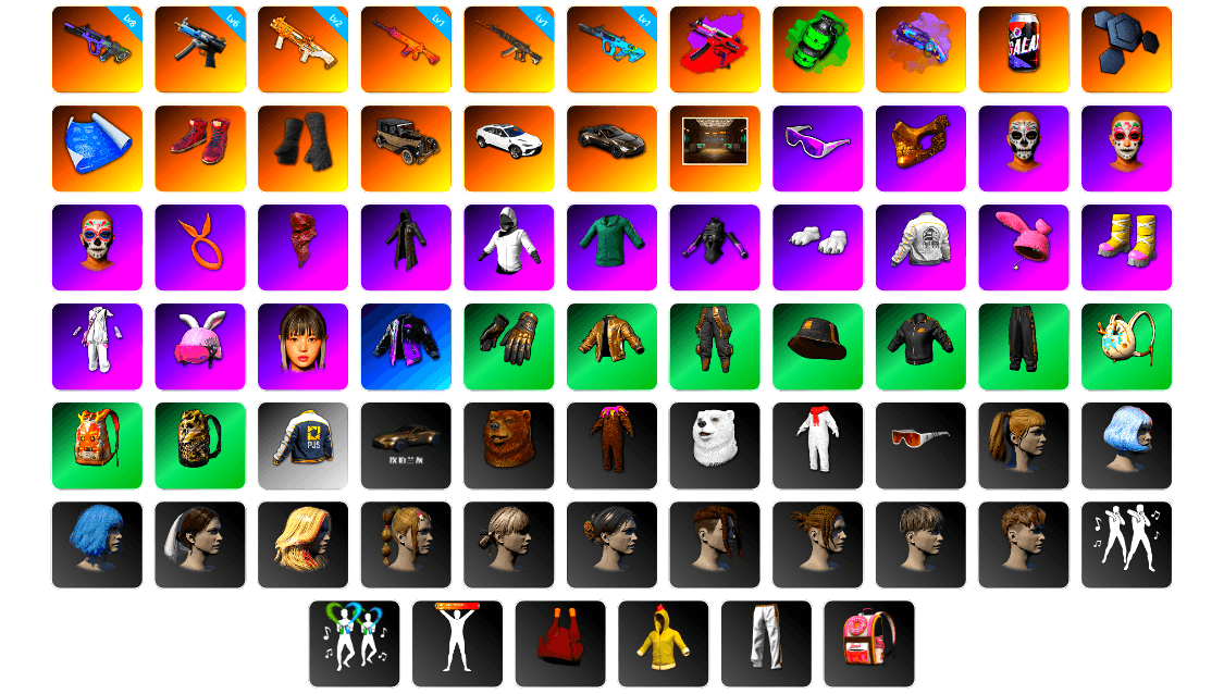 Emerald Smoke Grenade, Purple Magical Mist — M79, Hi-top Trainers (Red), Duncan's Infiltrator Handwraps, «V12 Vantage Roadster» Sports Car, Secret Showroom, Snow Glasses, PGC 2021 Contingent Chaos Mask, PLAYERUNKNOWN's Bandana, Heavy Fur Coat (Black), WackyJacky101's Jacket, Polar Bear Feet, Harley Quinn's Hair, Bunny Academy Sailor Gloves, PEL 2019 Phase 2 Jacket, PJS 2019 Phase 2 Jacket, Exquisite Pants, MET Asia Series Bomber Jacket, Jijing's Shorts, StreamerOne, Training Jacket (Green), Parachute, Full Autumn — M416, Refined Aeolus — Vector, Blue Thunder Gloves, Grizz's Mask