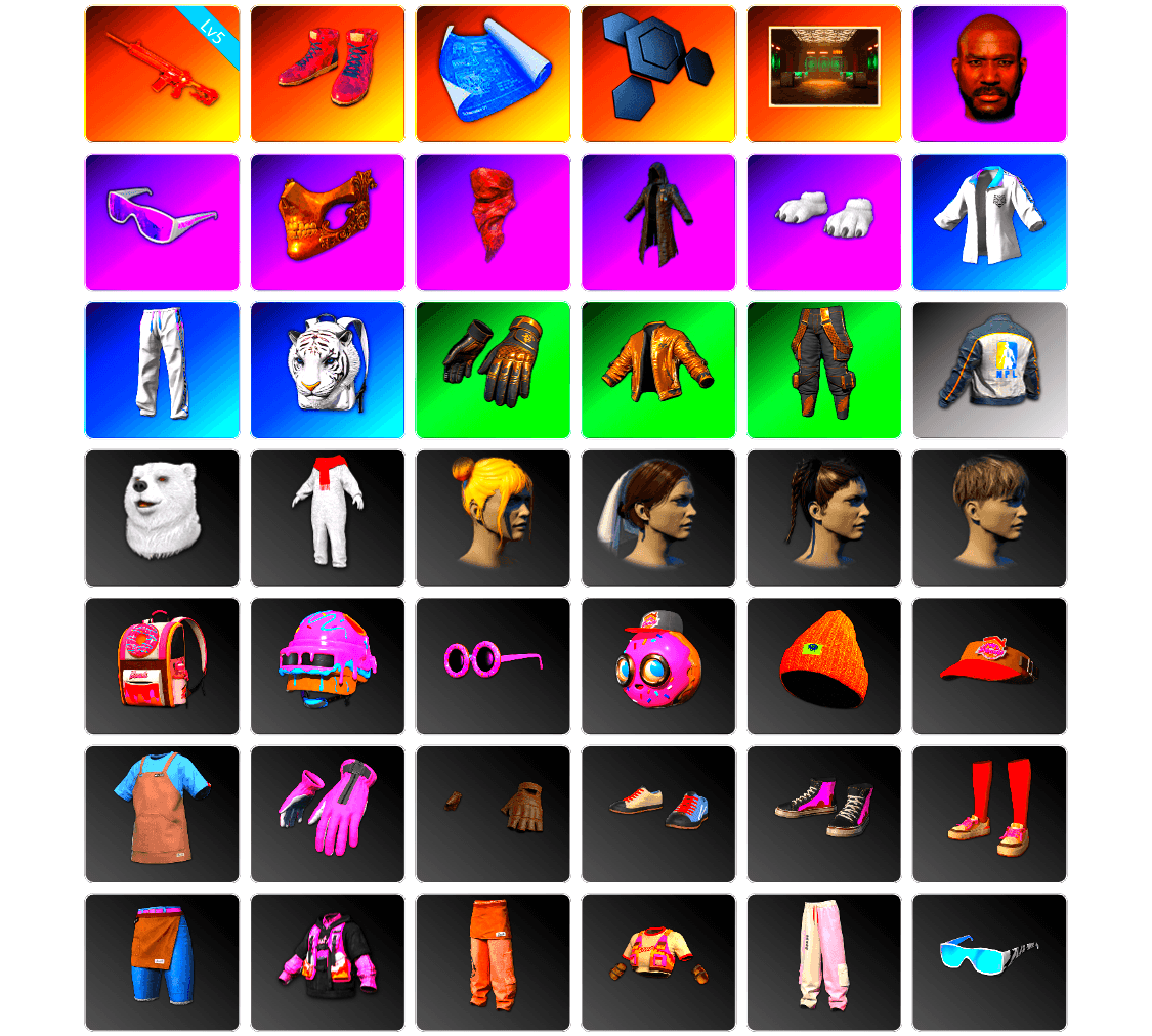 Hi-top Trainers (Red), Secret Showroom, Jonathan Kamau, Snow Glasses, PGC 2021 Contingent Chaos Mask, PLAYERUNKNOWN's Bandana, Heavy Fur Coat (Black), Polar Bear Feet, Bunny Academy Sailor Gloves, XingHun's Tiger Strike Jacket, XingHun's Tiger Strike Pants, NPL 2019 Phase 2 Jacket, XingHun's Tiger Strike Snow Glasses, Jijing's Shorts, StreamerOne, Winner Winner Chicken Dinner T-Shirt (Red), Grizz's Mask