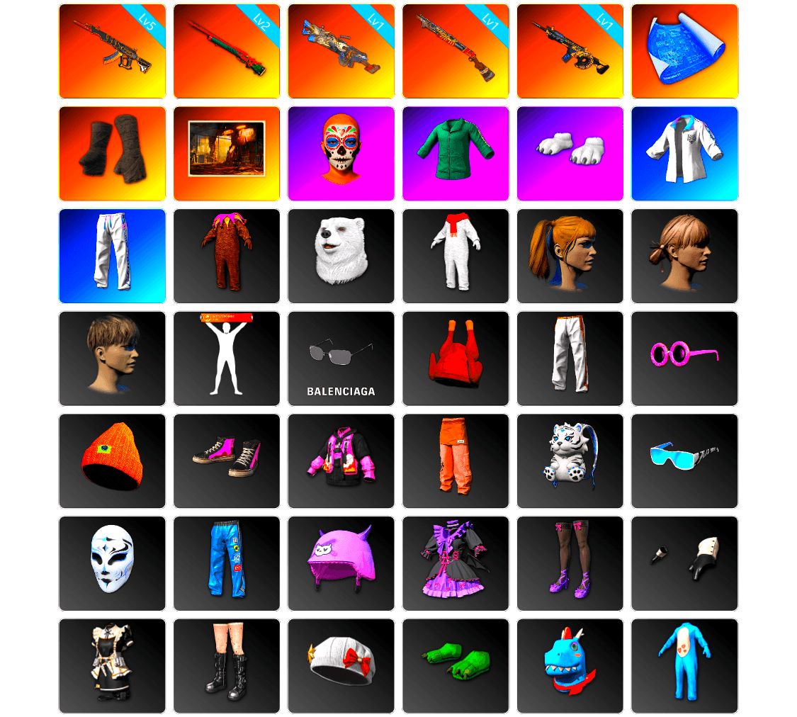 Duncan's Infiltrator Handwraps, Polar Bear Feet, Harley Quinn's Hair, Bunny Academy Sailor Gloves, Desolate Warehouse, XingHun's Tiger Strike Jacket, XingHun's Tiger Strike Pants, Exquisite Pants, XingHun's Tiger Strike Snow Glasses, Parachute, Blue Thunder Gloves, Grizz's Mask