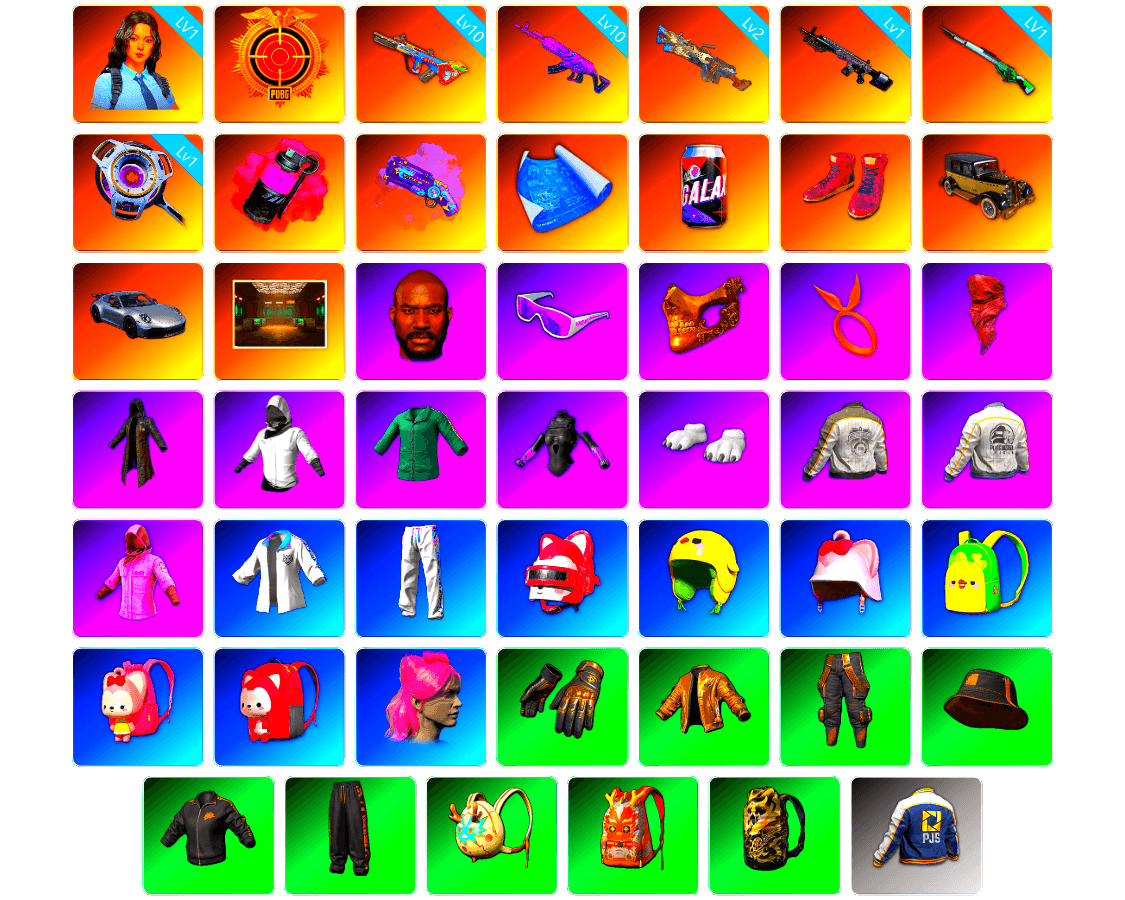 Magenta Smoke Grenade, Purple Magical Mist — M79, Hi-top Trainers (Red), «911 Carrera GTS» Sports Car, Secret Showroom, Jonathan Kamau, Snow Glasses, PGC 2021 Contingent Chaos Mask, PLAYERUNKNOWN's Bandana, Heavy Fur Coat (Black), WackyJacky101's Jacket, Polar Bear Feet, Rash Beixli Xtra Tough Jacket, Bunny Academy Sailor Gloves, Rash Beixli Xtra Tough Jacket, PML 2019 Phase 2 Jacket, PEL 2019 Phase 2 Jacket, XingHun's Tiger Strike Jacket, XingHun's Tiger Strike Pants, PJS 2019 Phase 2 Jacket, PCL 2019 Phase 2 Jacket, Aixleft's Gaming Streamer Hoodie, Exquisite Pants, XingHun's Tiger Strike Snow Glasses, Pigff's Tactical Striker Jacket, MET Asia Series Distressed Jeans, Jijing's Shorts, StreamerOne, Training Jacket (Green), Full Autumn — M416, Festive Gloves (Red), Blue Thunder Gloves, Diva Glasses (White), Grizz's Mask, 2018 PUBG ALL-STAR T-shirt (Korean), GLL Grand Slam Sweatshirt, HUYA T-shirt, DOUYU T-shirt