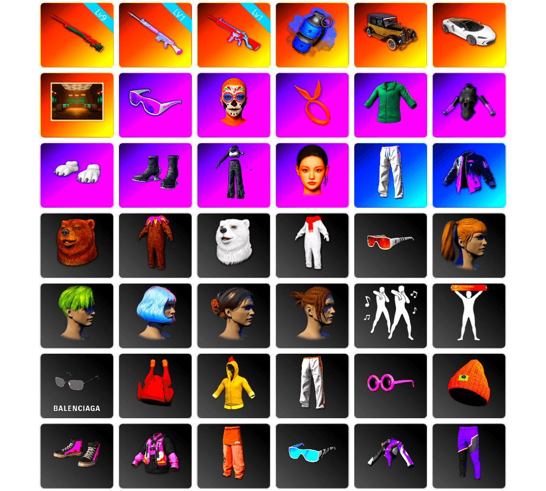 Blue Smoke Grenade, Secret Showroom, Snow Glasses, Polar Bear Feet, aespa Stage, Harley Quinn's Hair, Hairstyle PGI.S, Bunny Academy Sailor Gloves, aespa NINGNING, XingHun's Tiger Strike Pants, Exquisite Pants, XingHun's Tiger Strike Snow Glasses, Jijing's Shorts, StreamerOne, Training Jacket (Green), Full Autumn — M416, Blue Thunder Gloves, Diva Glasses (White), Grizz's Mask, Sideshow Bear Feet, «Chiron» Sports Car