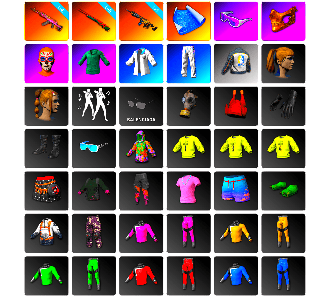 Snow Glasses, PGC 2021 Contingent Chaos Mask, Harley Quinn's Hair, Bunny Academy Sailor Gloves, XingHun's Tiger Strike Jacket, XingHun's Tiger Strike Pants, NPL 2019 Phase 2 Jacket, XingHun's Tiger Strike Snow Glasses, StreamerOne, Blue Thunder Gloves, Grizz's Mask