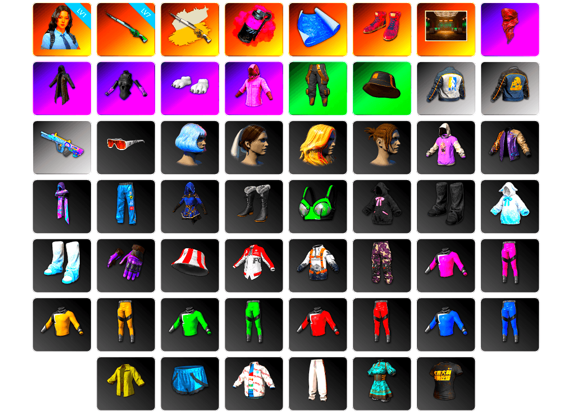 Magenta Smoke Grenade, Hi-top Trainers (Red), Secret Showroom, PLAYERUNKNOWN's Bandana, Heavy Fur Coat (Black), Polar Bear Feet, Rash Beixli Xtra Tough Jacket, Bunny Academy Sailor Gloves, Rash Beixli Xtra Tough Jacket, NPL 2019 Phase 2 Jacket, PCL 2019 Phase 2 Jacket, Aixleft's Gaming Streamer Hoodie, StreamerOne, Grizz's Mask