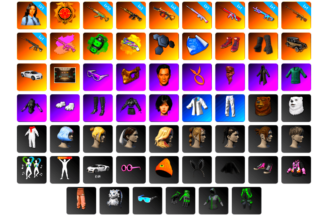 Emerald Smoke Grenade, Yellow Fog of Fury — M79, Hi-top Trainers (Red), Duncan's Infiltrator Handwraps, «Chiron» Sports Car, Secret Showroom, Snow Glasses, PGC 2021 Contingent Chaos Mask, PLAYERUNKNOWN's Bandana, Heavy Fur Coat (Black), Polar Bear Feet, aespa Stage, Bunny Academy Sailor Gloves, XingHun's Tiger Strike Jacket, XingHun's Tiger Strike Pants, XingHun's Tiger Strike Snow Glasses, Pigff's Tactical Striker Jacket, XiongDi Hoodie, Jijing's Shorts, StreamerOne, GPT 2025 Four Angry Men Jacket, Training Jacket (Green), aespa WINTER, Blue Thunder Gloves, Shark Bite - Kar98k, Grizz's Mask, HUYA T-shirt, DOUYU T-shirt