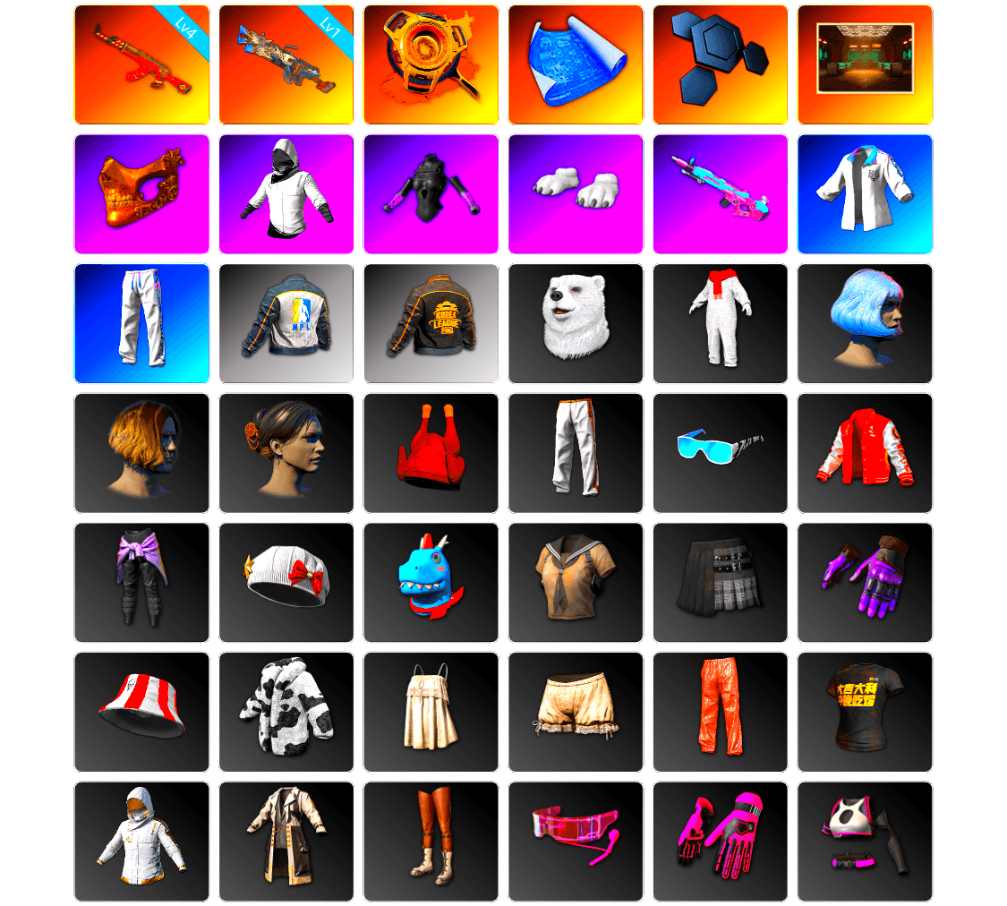 Void — Pan (Yellow Orange), Void — Pan, Secret Showroom, PGC 2021 Contingent Chaos Mask, WackyJacky101's Jacket, Polar Bear Feet, Bunny Academy Sailor Gloves, XingHun's Tiger Strike Jacket, XingHun's Tiger Strike Pants, NPL 2019 Phase 2 Jacket, PKL 2019 Phase 2 Jacket, Exquisite Pants, XingHun's Tiger Strike Snow Glasses, StreamerOne, GPT 2025 Four Angry Men Jacket, Grizz's Mask, 2018 PUBG ALL-STAR T-shirt (Korean)