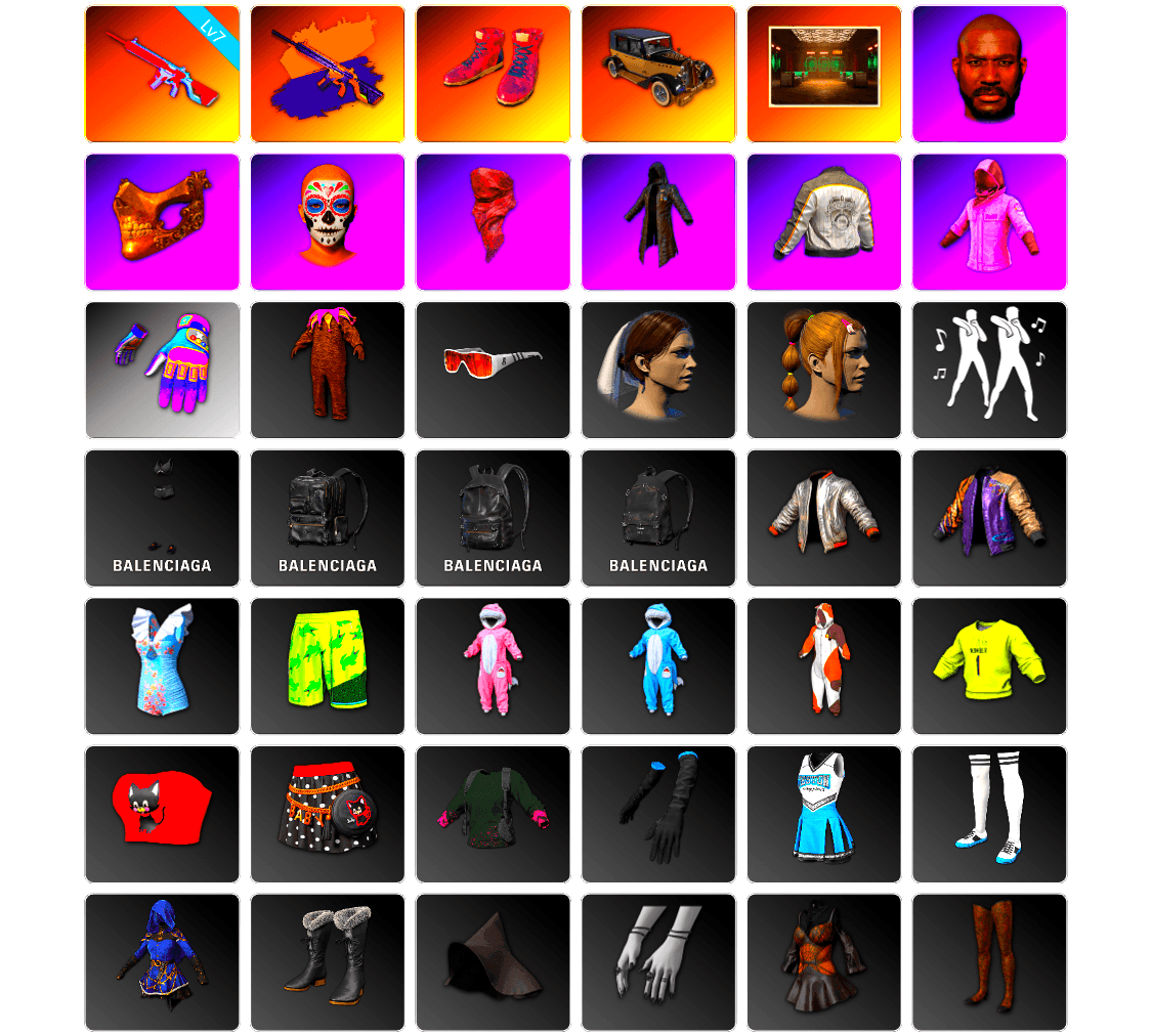 Hi-top Trainers (Red), Secret Showroom, Jonathan Kamau, PGC 2021 Contingent Chaos Mask, PLAYERUNKNOWN's Bandana, Heavy Fur Coat (Black), Rash Beixli Xtra Tough Jacket, Bunny Academy Sailor Gloves, Rash Beixli Xtra Tough Jacket, PML 2019 Phase 2 Jacket, Aixleft's Gaming Streamer Hoodie, Parachute, Grizz's Mask, Sideshow Bear Feet, LINE FRIENDS SALLY SET