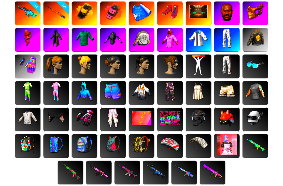 Yellow Smoke Grenade, Pink Smoke Grenade, Hi-top Trainers (Red), Secret Showroom, Jonathan Kamau, PGC 2021 Contingent Chaos Mask, PLAYERUNKNOWN's Bandana, Heavy Fur Coat (Black), Rash Beixli Xtra Tough Jacket, Harley Quinn's Hair, Bunny Academy Sailor Gloves, Rash Beixli Xtra Tough Jacket, PML 2019 Phase 2 Jacket, XingHun's Tiger Strike Jacket, XingHun's Tiger Strike Pants, PKL 2019 Phase 2 Jacket, Aixleft's Gaming Streamer Hoodie, Exquisite Pants, XingHun's Tiger Strike Snow Glasses, Festive Gloves (Red), Blue Thunder Gloves, Grizz's Mask, 2018 PUBG ALL-STAR T-shirt (Korean)