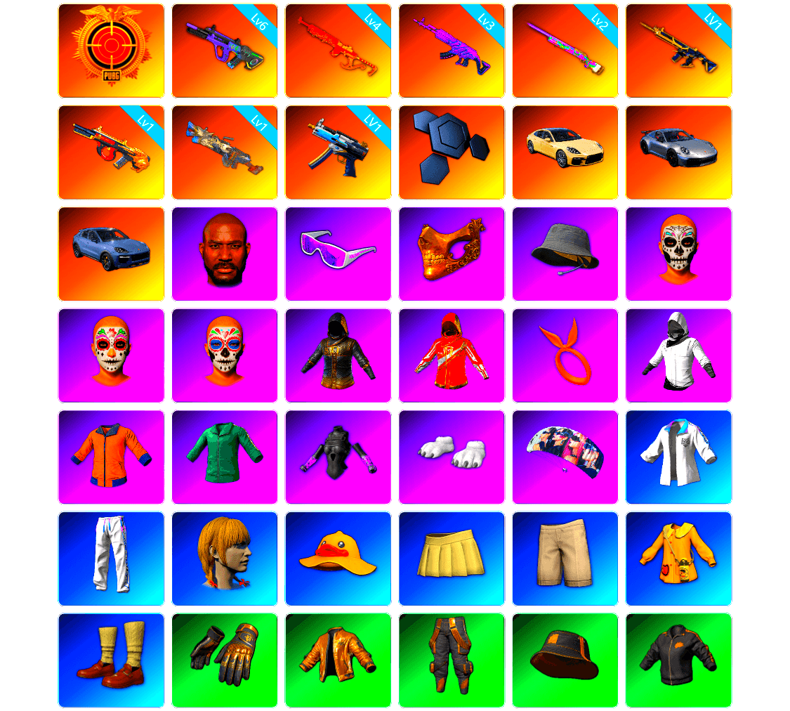 «Panamera Turbo S» Sedan, «911 Carrera GTS» Sports Car, «Cayenne Turbo GT» SUV, Jonathan Kamau, Snow Glasses, PGC 2021 Contingent Chaos Mask, Headset Bucket Hat, WackyJacky101's Jacket, Work Jacket, Polar Bear Feet, aespa Stage, Backstreet Garage, Harley Quinn's Hair, Bunny Academy Sailor Gloves, Rash Beixli Xtra Tough Jacket, XingHun's Tiger Strike Jacket, XingHun's Tiger Strike Pants, Exquisite Pants, XingHun's Tiger Strike Snow Glasses, Jijing's Shorts, StreamerOne, Winner Winner Chicken Dinner T-Shirt (Red), GPT 2025 Four Angry Men Jacket, Training Jacket (Green), Parachute, Full Autumn — M416, Blue Thunder Gloves, Shark Bite - Kar98k, Grizz's Mask, JiBaoBa