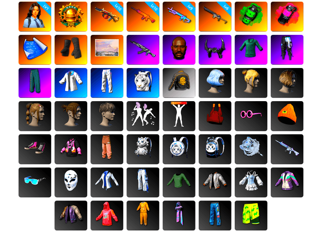 Emerald Smoke Grenade, Magenta Smoke Grenade, Duncan's Infiltrator Handwraps, Winter Hideout, Jonathan Kamau, Demon Biker Horns, Bunny Academy Sailor Gloves, Ghosted — AKM, XingHun's Tiger Strike Jacket, XingHun's Tiger Strike Pants, PKL 2019 Phase 2 Jacket, XingHun's Tiger Strike Snow Glasses, Jijing's Shorts, StreamerOne, Parachute, Shark Bite - Kar98k, Tactical Gloves, Crash Test Handwraps, Bloody Nurse Cap, Grizz's Mask, Bloody Nurse Mask, Esports IGL Shirt, Esports Chicken Dinner Shirt