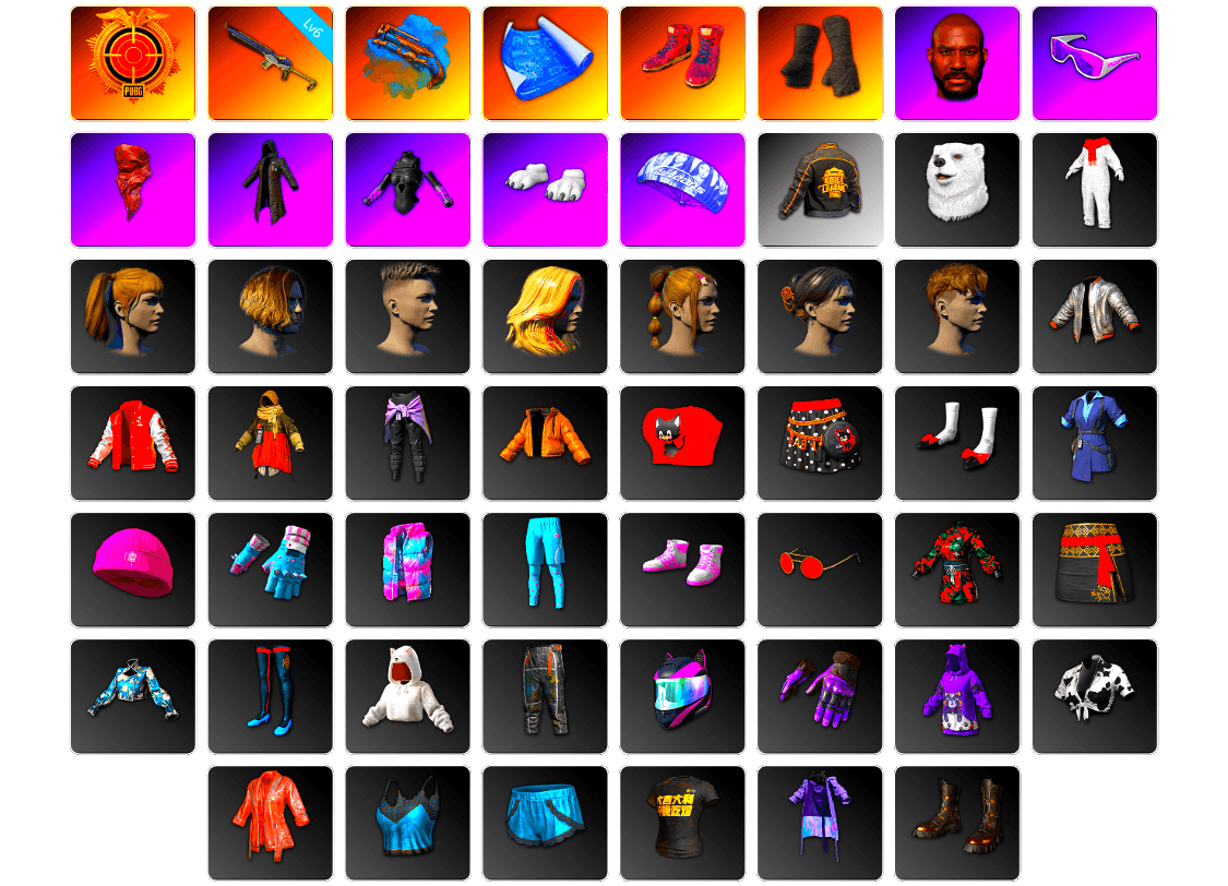 Blue Fog of Fury — M79, Hi-top Trainers (Red), Duncan's Infiltrator Handwraps, Jonathan Kamau, Snow Glasses, PLAYERUNKNOWN's Bandana, Heavy Fur Coat (Black), Polar Bear Feet, Harley Quinn's Hair, Bunny Academy Sailor Gloves, PKL 2019 Phase 2 Jacket, StreamerOne, Parachute, Headset Bucket Hat, Grizz's Mask