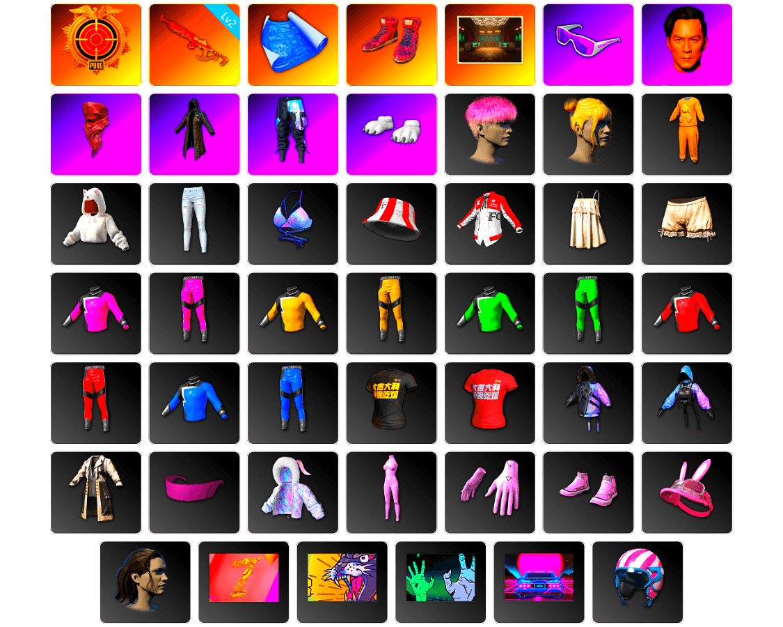 Hi-top Trainers (Red), Secret Showroom, Snow Glasses, PLAYERUNKNOWN's Bandana, Heavy Fur Coat (Black), Polar Bear Feet, Bunny Academy Sailor Gloves, StreamerOne, Winner Winner Chicken Dinner T-Shirt (Red), Full Autumn — M416, Crash Test Handwraps, Grizz's Mask, HUYA T-shirt