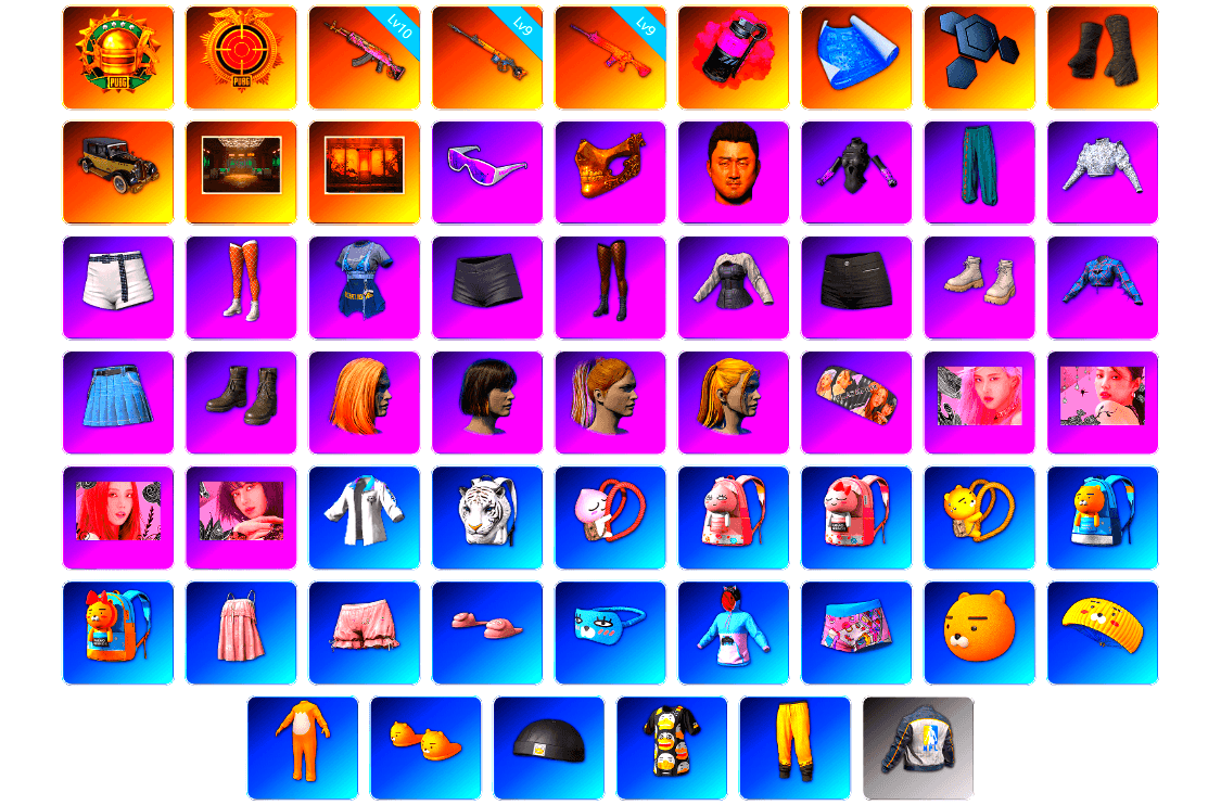 Magenta Smoke Grenade, Duncan's Infiltrator Handwraps, Secret Showroom, Weapons Shrine, Snow Glasses, PGC 2021 Contingent Chaos Mask, Harley Quinn's Hair, Bunny Academy Sailor Gloves, XingHun's Tiger Strike Jacket, NPL 2019 Phase 2 Jacket, PJS 2019 Phase 2 Jacket, Full Autumn — M416, Grizz's Mask, Sideshow Bear Feet