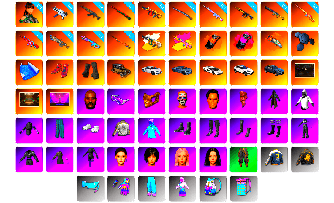 Rest in Pink — Dragunov [1], Coral Smoke Grenade, Magenta Smoke Grenade, Orange Fog of Fury — M79, Hi-top Trainers (Red), Duncan's Infiltrator Handwraps, «Chiron» Sports Car, «Countach LPI 800-4» Sports Car, Secret Showroom, Secret Showroom, Jonathan Kamau, Snow Glasses, PGC 2021 Contingent Chaos Mask, PLAYERUNKNOWN's Bandana, Heavy Fur Coat (Black), WackyJacky101's Jacket, Polar Bear Feet, Aixleft's Gaming Streamer Hoodie, aespa Stage, Harley Quinn's Hair, Bunny Academy Sailor Gloves, PML 2019 Phase 2 Jacket, aespa NINGNING, PJS 2019 Phase 2 Jacket, PKL 2019 Phase 2 Jacket, Aixleft's Gaming Streamer Hoodie, XiongDi Hoodie, Jijing's Shorts, StreamerOne, Winner Winner Chicken Dinner T-Shirt (Red), aespa KARINA, aespa WINTER, aespa GISELLE, Full Autumn — M416, Festive Gloves (Red), Grizz's Mask