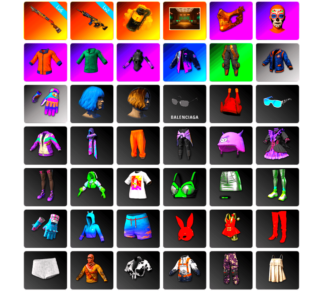 Yellow Smoke Grenade, Secret Showroom, PGC 2021 Contingent Chaos Mask, Work Jacket, Bunny Academy Sailor Gloves, Aixleft's Gaming Streamer Hoodie, XingHun's Tiger Strike Snow Glasses, Grizz's Mask