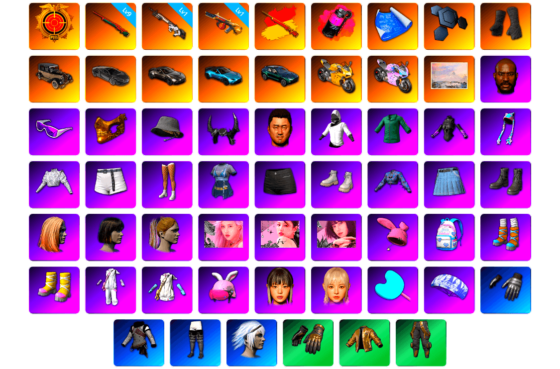 Magenta Smoke Grenade, Duncan's Infiltrator Handwraps, «V12 Vantage Roadster» Sports Car, «V12 Vantage Roadster (Luxe)» Sports Car, «DBX707» SUV, «Panigale V4 S (Gold Rush)» Motorcycle, «Panigale V4 S (Twilight Torque)» Motorcycle, Winter Hideout, Jonathan Kamau, Snow Glasses, PGC 2021 Contingent Chaos Mask, Headset Bucket Hat, Demon Biker Horns, WackyJacky101's Jacket, Harley Quinn's Hair, Bunny Academy Sailor Gloves, PUBG X NEWJEANS DANIELLE SET, «DBX707» SUV, MET Asia Series Bomber Jacket, Winner Winner Chicken Dinner T-Shirt (Red), Parachute, Full Autumn — M416, MOZZ's M24, Grizz's Mask