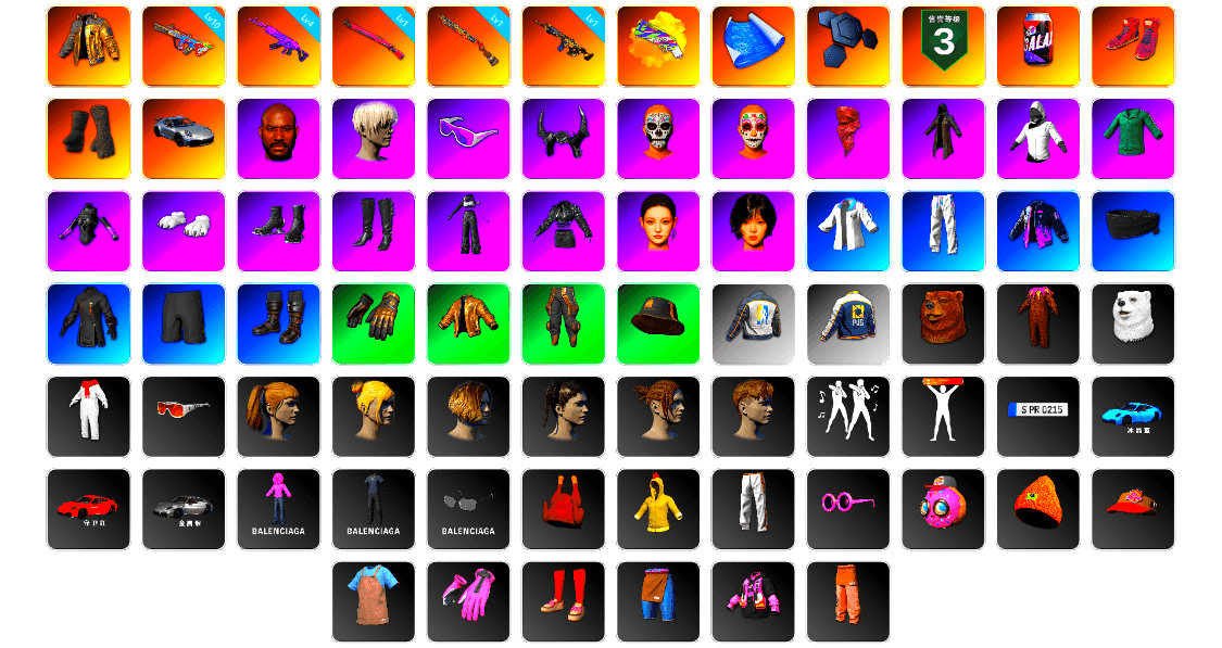 Yellow Fog of Fury — M79, Hi-top Trainers (Red), Duncan's Infiltrator Handwraps, «911 Carrera GTS» Sports Car, Jonathan Kamau, 9S's Hairstyle, Snow Glasses, Demon Biker Horns, PLAYERUNKNOWN's Bandana, Heavy Fur Coat (Black), WackyJacky101's Jacket, Polar Bear Feet, aespa Stage, Harley Quinn's Hair, Bunny Academy Sailor Gloves, aespa NINGNING, XingHun's Tiger Strike Jacket, XingHun's Tiger Strike Pants, NPL 2019 Phase 2 Jacket, PJS 2019 Phase 2 Jacket, Exquisite Pants, XingHun's Tiger Strike Snow Glasses, MET Asia Series Bomber Jacket, StreamerOne, GPT 2025 Four Angry Men Jacket, Training Jacket (Green), aespa WINTER, Full Autumn — M416, Shark Bite - Kar98k, Blue Thunder Gloves, Grizz's Mask, HUYA T-shirt, JiBaoBa, DOUYU T-shirt, Sideshow Bear Feet, «Chiron» Sports Car