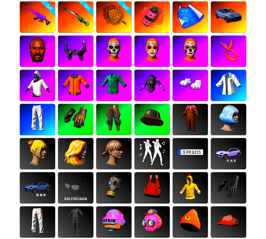 Pink Smoke Grenade, «Cayenne Turbo GT» SUV, Jonathan Kamau, Demon Biker Horns, WackyJacky101's Jacket, Work Jacket, Polar Bear Feet, Bunny Academy Sailor Gloves, XingHun's Tiger Strike Jacket, XingHun's Tiger Strike Pants, Exquisite Pants, XingHun's Tiger Strike Snow Glasses, MET Asia Series Bomber Jacket, Jijing's Shorts, StreamerOne, Parachute, Blue Thunder Gloves, Grizz's Mask, Sideshow Bear Feet, «DBX707» SUV