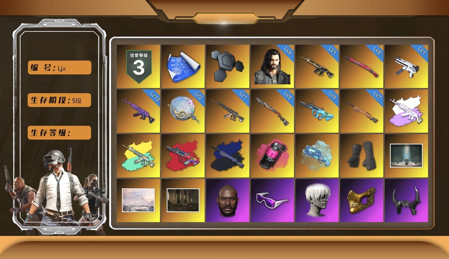 G-DRAGON — AUG (Red), Final Serenade — M24 (Blue Black), Magenta Smoke Grenade, Blue Magical Mist — M79, Duncan's Infiltrator Handwraps, Chamber of Triumph, Winter Hideout, Jonathan Kamau, Snow Glasses, 9S's Hairstyle, PGC 2021 Contingent Chaos Mask, Demon Biker Horns, WackyJacky101's Jacket, Work Jacket, Polar Bear Feet, Harley Quinn's Hair, Bunny Academy Sailor Gloves, Nostalgia, PEL 2019 Phase 2 Jacket, PUBG X NEWJEANS DANIELLE SET, XingHun's Tiger Strike Jacket, XingHun's Tiger Strike Pants, NPL 2019 Phase 2 Jacket, PCL 2019 Phase 2 Jacket, PKL 2019 Phase 2 Jacket, Aixleft's Gaming Streamer Hoodie, Sideshow Bear Feet, XingHun's Tiger Strike Snow Glasses, Pigff's Tactical Striker Jacket, MET Asia Series Distressed Jeans, Jijing's Shorts, StreamerOne, Winner Winner Chicken Dinner T-Shirt (Red), GPT 2025 Four Angry Men Jacket, Parachute, Festive Gloves (Red), Blue Thunder Gloves, Shark Bite - Kar98k, Grizz's Mask, MET Asia Series Bomber Jacket, HUYA T-shirt, JiBaoBa, DOUYU T-shirt