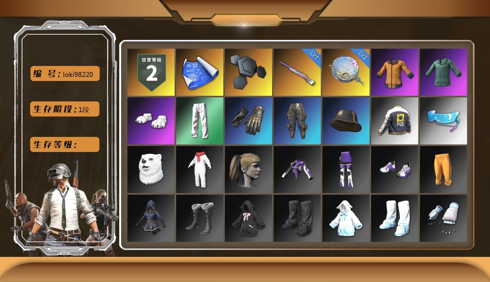 Work Jacket, Polar Bear Feet, Harley Quinn's Hair, XingHun's Tiger Strike Pants, PJS 2019 Phase 2 Jacket, Aixleft's Gaming Streamer Hoodie