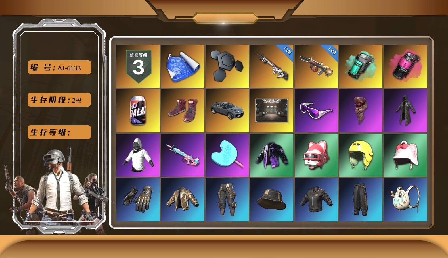 Teal Smoke Grenade, Magenta Smoke Grenade, Hi-top Trainers (Red), Secret Showroom, Snow Glasses, PLAYERUNKNOWN's Bandana, Heavy Fur Coat (Black), WackyJacky101's Jacket, Harley Quinn's Hair, Bunny Academy Sailor Gloves, NPL 2019 Phase 2 Jacket, Aixleft's Gaming Streamer Hoodie, Sideshow Bear Feet, Exquisite Pants, StreamerOne, Full Autumn — M416, Festive Gloves (Red), Diva Glasses (White), Headset Bucket Hat, Grizz's Mask, MET Asia Series Bomber Jacket, DOUYU T-shirt