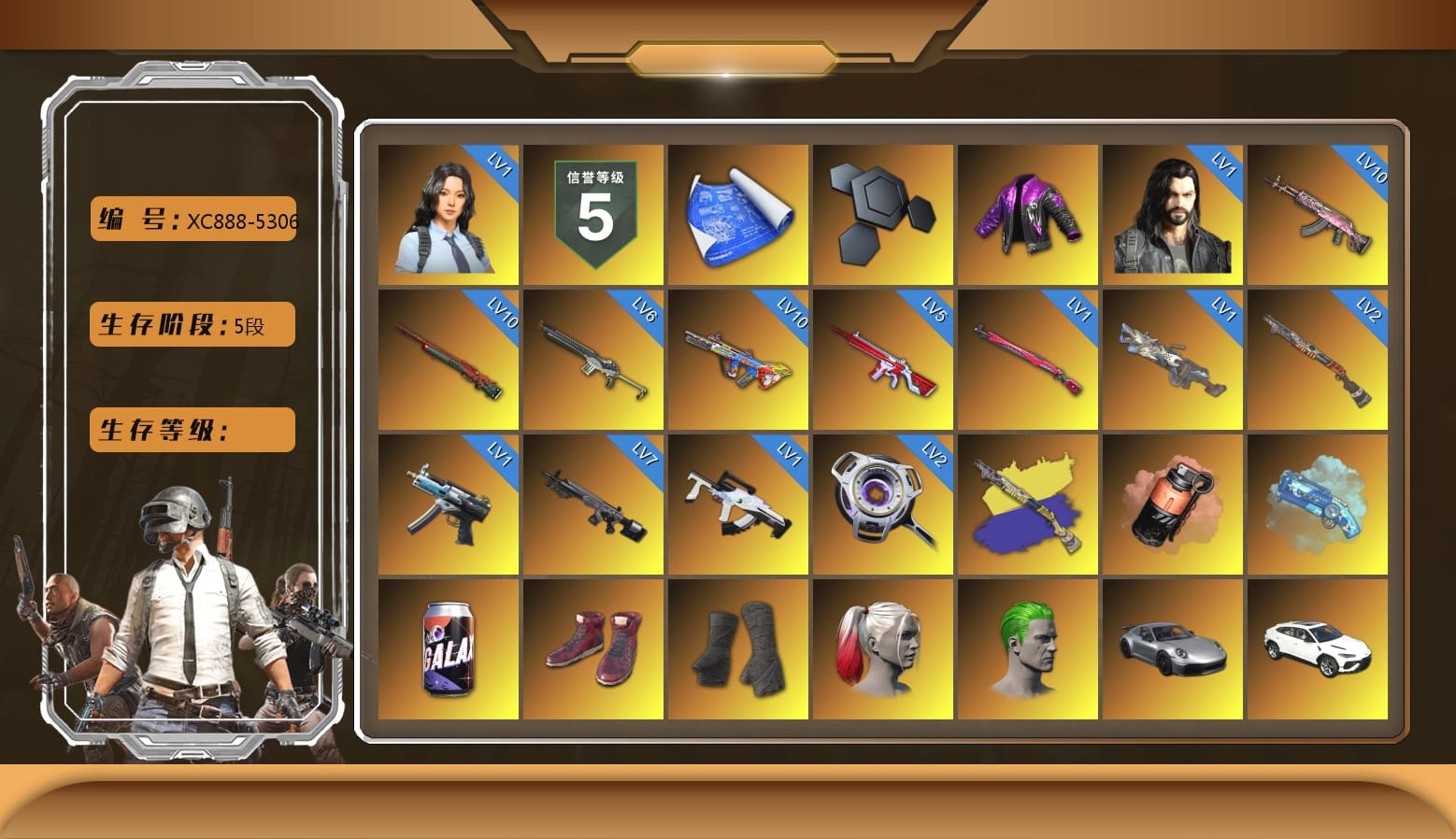 Sun Wukong — M24 [10], Bumper Blaster — AUG [10], Gear Head — Beryl M762 [10], Obscura - Mk12 [7], Sha Wujing — Mini14 [6], No Signal — M416 [5], Sun Scorched — S1897 [2], Void — Pan [2], Cerberus — M249 [1], Midnight Menace — Kar98k [1], Absolute Zero — Groza [1], Winter Eclipse — MP5K [1], Dorian [1], Hanna [1], Heybox Gloves, Coral Smoke Grenade, Blue Magical Mist — M79, Hi-top Trainers (Red), Duncan's Infiltrator Handwraps, Harley Quinn's Hair, The Joker's Hair, «911 Carrera GTS» Sports Car, «Cayenne Turbo GT» SUV, «Urus S» SUV, «McLaren GT Standard (Silica White)» Sports Car, «V12 Vantage Roadster» Sports Car, «V12 Vantage Roadster» Sports Car, «Panigale V4 S (Renegade Rose)» Motorcycle, «Panigale V4 S (Ducati Red)» Motorcycle, «Panigale V4 S (Pitch Black)» Motorcycle, Chamber of Triumph, Secret Showroom, Jonathan Kamau, Snow Glasses, PGC 2021 Contingent Chaos Mask, Demon Biker Horns, The Joker's Hair, PLAYERUNKNOWN's Bandana, Heavy Fur Coat (Black), WackyJacky101's Jacket, Training Jacket (Green), PGC 2022 Tac-Tech Shirt, Polar Bear Feet, Rash Beixli Xtra Tough Jacket, aespa Stage, Harley Quinn's Hair, Hairstyle PGI.S, Bunny Academy Sailor Gloves, Rash Beixli Xtra Tough Jacket, Deadman's Rhythm Makeup, Marigold Mayhem Makeup, Midnight Ritual Makeup, Harley Quinn's Makeup, Parachute, XingHun's Tiger Strike Jacket, XingHun's Tiger Strike Pants, manson's Hoodie, Manson's Tracksuit Pants, NPL 2019 Phase 2 Jacket, PJS 2019 Phase 2 Jacket, PCL 2019 Phase 2 Jacket, Aixleft's Gaming Streamer Hoodie, Sideshow Bear Feet, LINE FRIENDS SALLY SET, Exquisite Pants, XingHun's Tiger Strike Snow Glasses, Pigff's Tactical Striker Jacket, Headset Bucket Hat, Jijing's Shorts, LINE FRIENDS CHOCO SET, StreamerOne, Winner Winner Chicken Dinner T-Shirt (Red), GPT 2025 Four Angry Men Jacket, Training Jacket (Green), aespa - Pan, Full Autumn — M416, PGI.S Colorshift — Beryl M762, MOZZ's M24, Douyu Biker Jacket, Bunny Academy Gloves, Festive Gloves (Red), Blue Thunder Gloves, Crash Test Handwraps, Diva Glasses (White), 86 Adventure Hat, Grizz's Mask, MET Asia Series Bomber Jacket, «DBX707» SUV, «Chiron» Sports Car