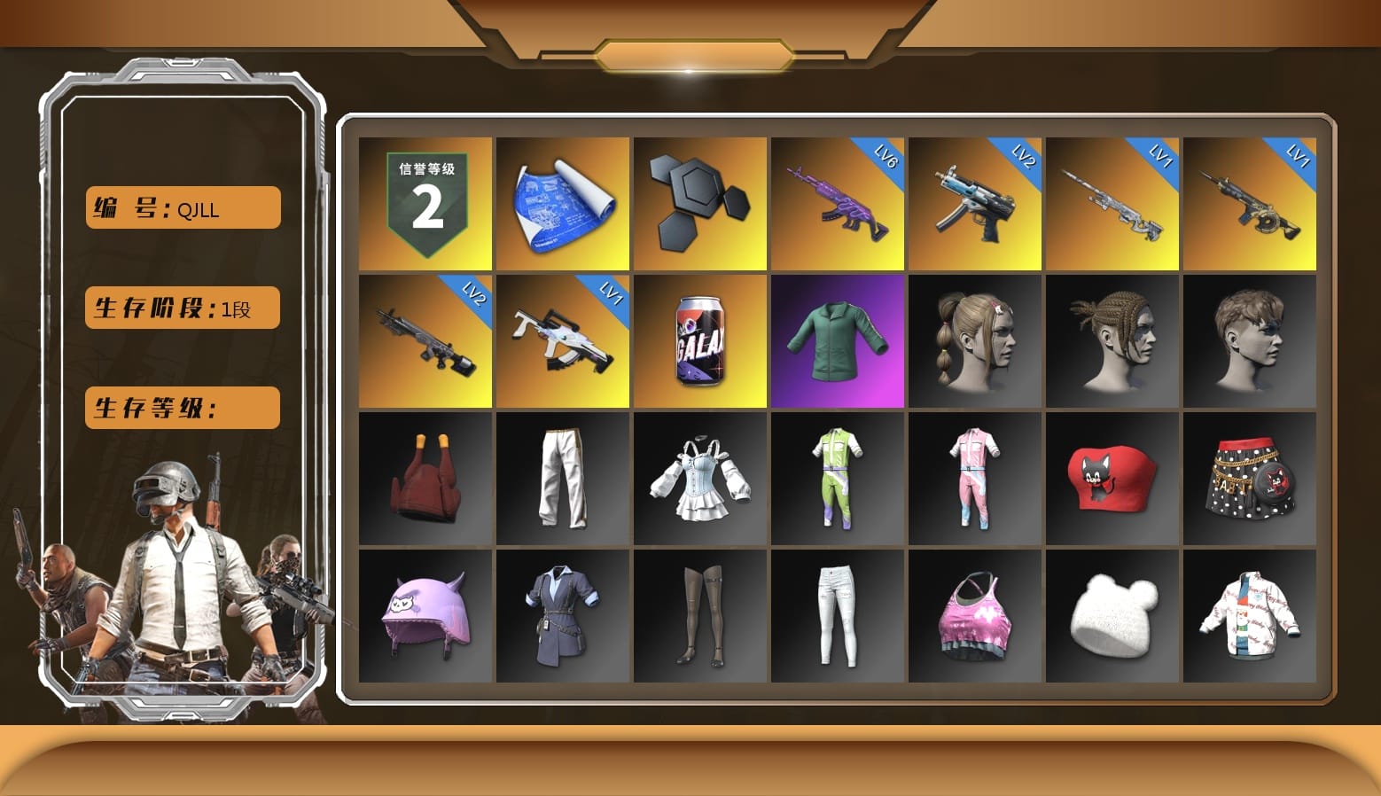 Bunny Academy Sailor Gloves, Exquisite Pants, Blue Thunder Gloves, Grizz's Mask, 2018 PUBG ALL-STAR T-shirt (Korean), HUYA T-shirt