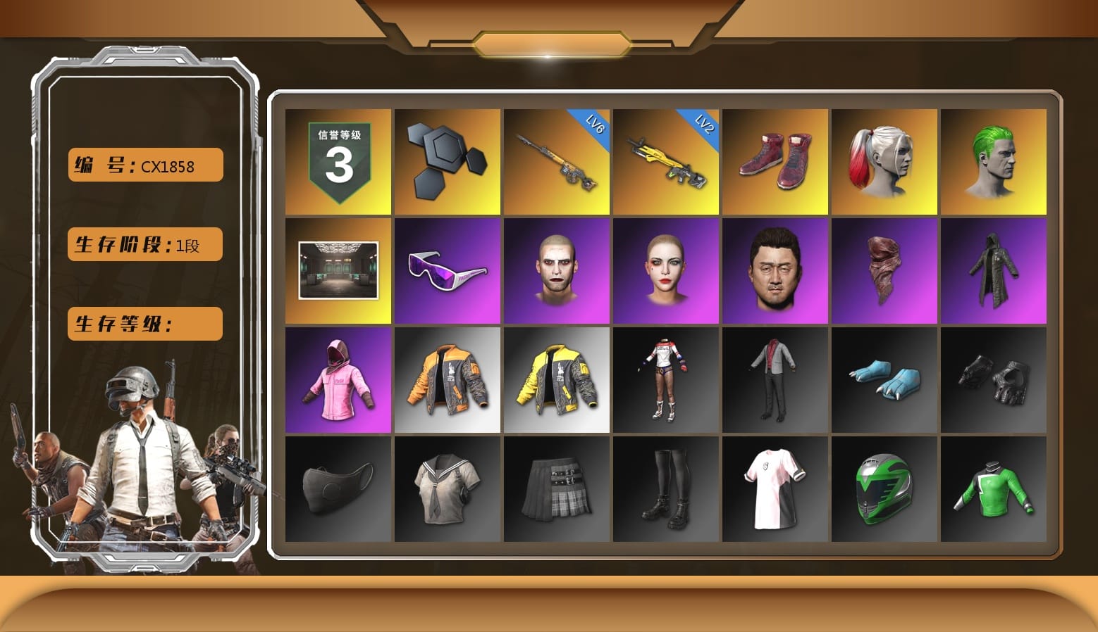 Hi-top Trainers (Red), Harley Quinn's Hair, The Joker's Hair, Secret Showroom, Snow Glasses, The Joker's Hair, PLAYERUNKNOWN's Bandana, Heavy Fur Coat (Black), Rash Beixli Xtra Tough Jacket, Rash Beixli Xtra Tough Jacket, Harley Quinn's Makeup, Full Autumn — M416, Shark Bite - Kar98k, MOZZ's M24, Parachute