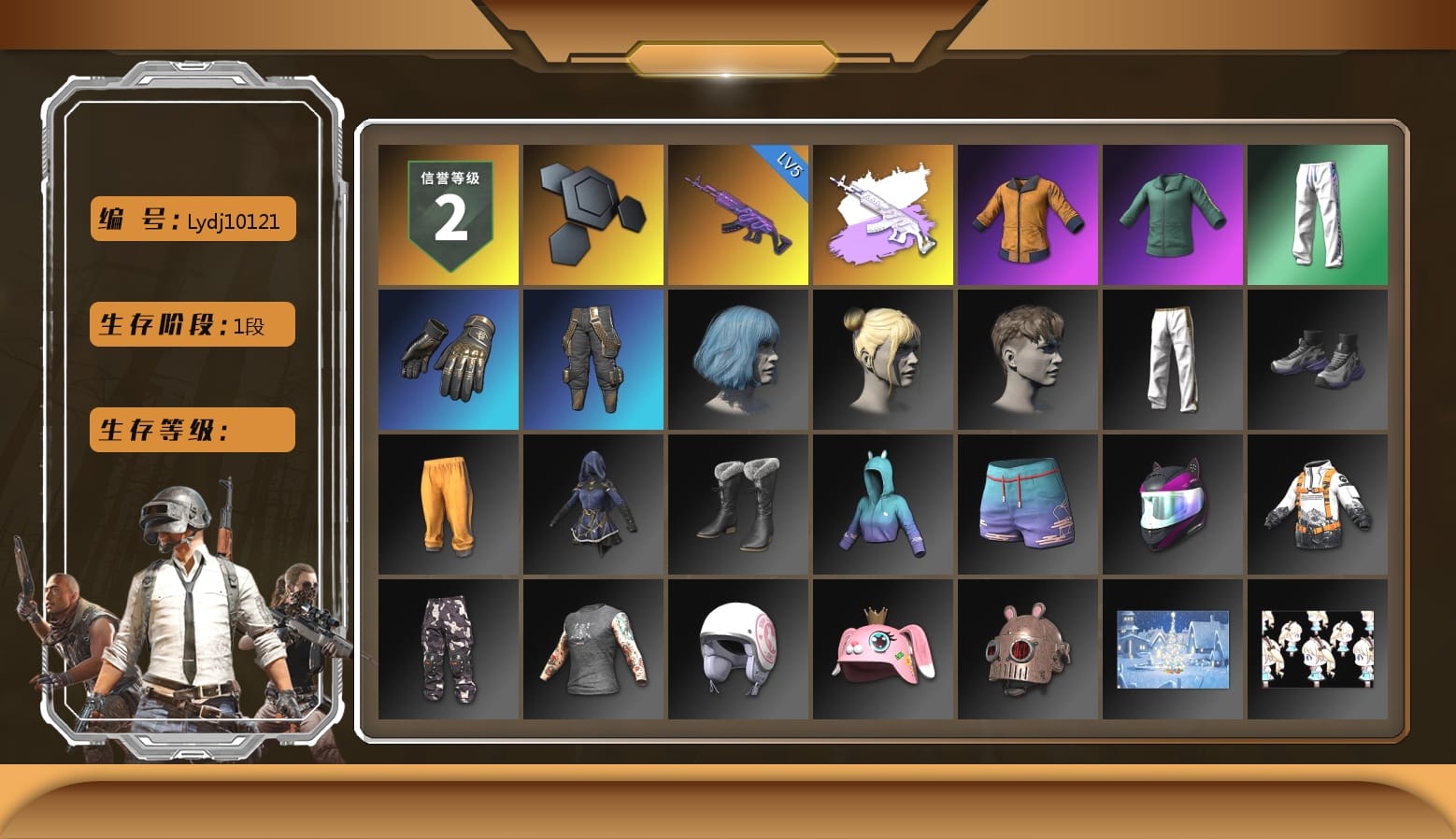 Work Jacket, Bunny Academy Sailor Gloves, XingHun's Tiger Strike Pants, Exquisite Pants, Grizz's Mask, 2018 PUBG ALL-STAR T-shirt (Korean)