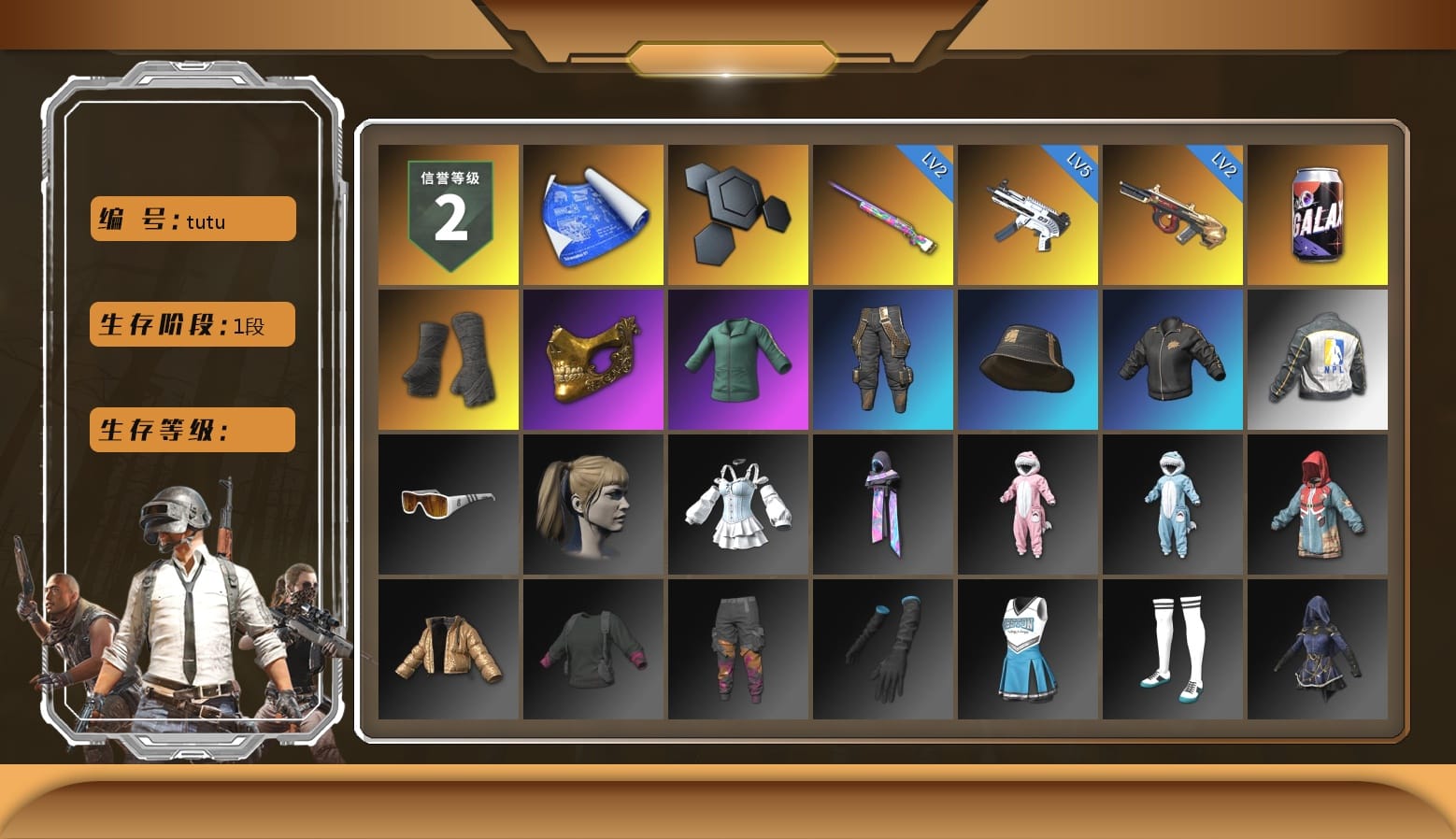 Duncan's Infiltrator Handwraps, PGC 2021 Contingent Chaos Mask, Harley Quinn's Hair, NPL 2019 Phase 2 Jacket, StreamerOne, Full Autumn — M416, Grizz's Mask, JiBaoBa