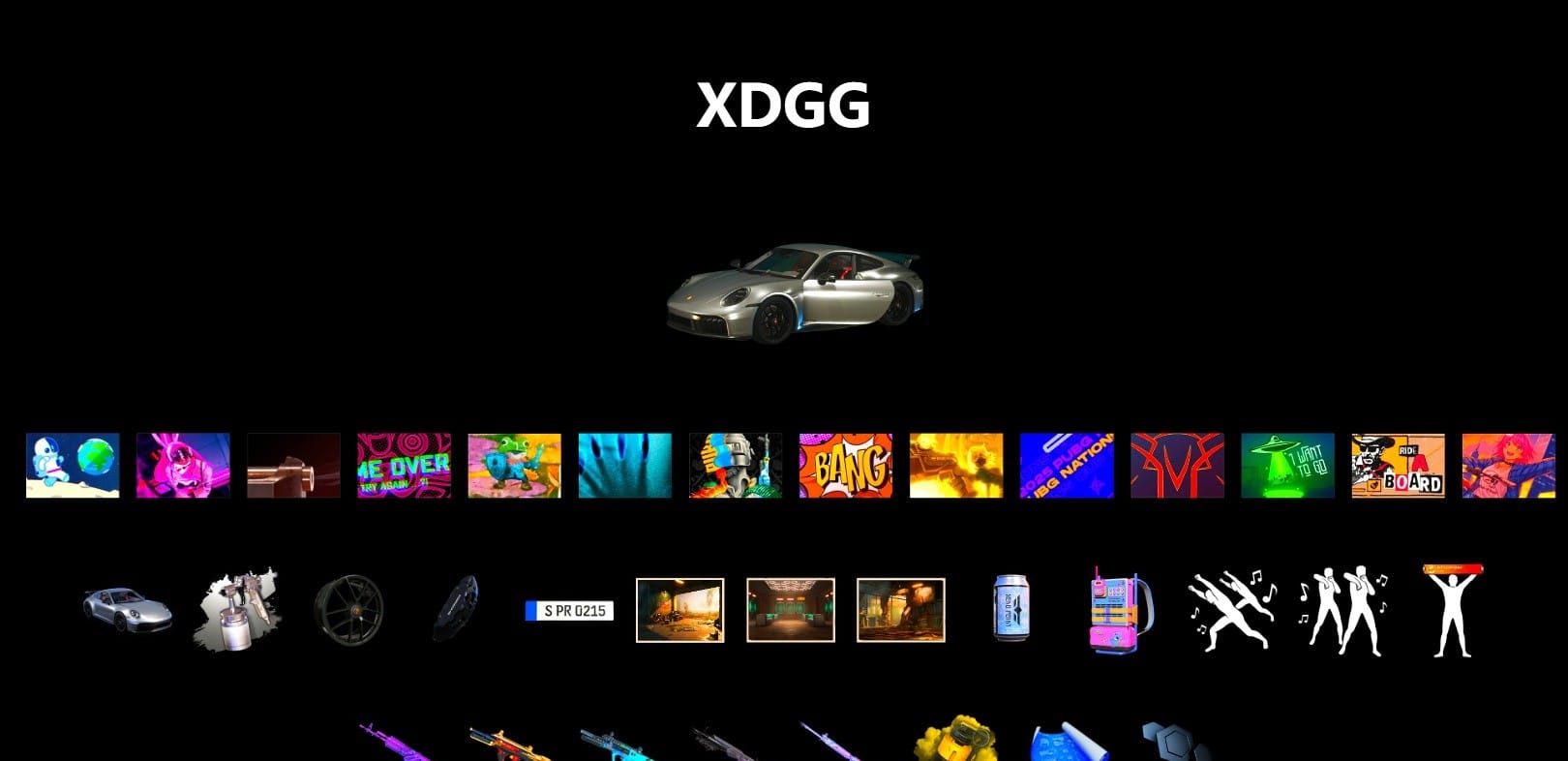 Douyu Biker Jacket, Hi-top Trainers (Red), Duncan's Infiltrator Handwraps, «911 Carrera GTS» Sports Car, Secret Showroom, Jonathan Kamau, Snow Glasses, PGC 2021 Contingent Chaos Mask, PLAYERUNKNOWN's Bandana, Heavy Fur Coat (Black), WackyJacky101's Jacket, Polar Bear Feet, Rash Beixli Xtra Tough Jacket, Harley Quinn's Hair, Bunny Academy Sailor Gloves, Rash Beixli Xtra Tough Jacket, Desolate Warehouse, XingHun's Tiger Strike Jacket, XingHun's Tiger Strike Pants, PCL 2019 Phase 2 Jacket, Exquisite Pants, XingHun's Tiger Strike Snow Glasses, Jijing's Shorts, StreamerOne, Winner Winner Chicken Dinner T-Shirt (Red), Parachute, Silver Plate — Mini14, Shark Bite - Kar98k, Grizz's Mask, 2018 PUBG ALL-STAR T-shirt (Korean), HUYA T-shirt, DOUYU T-shirt