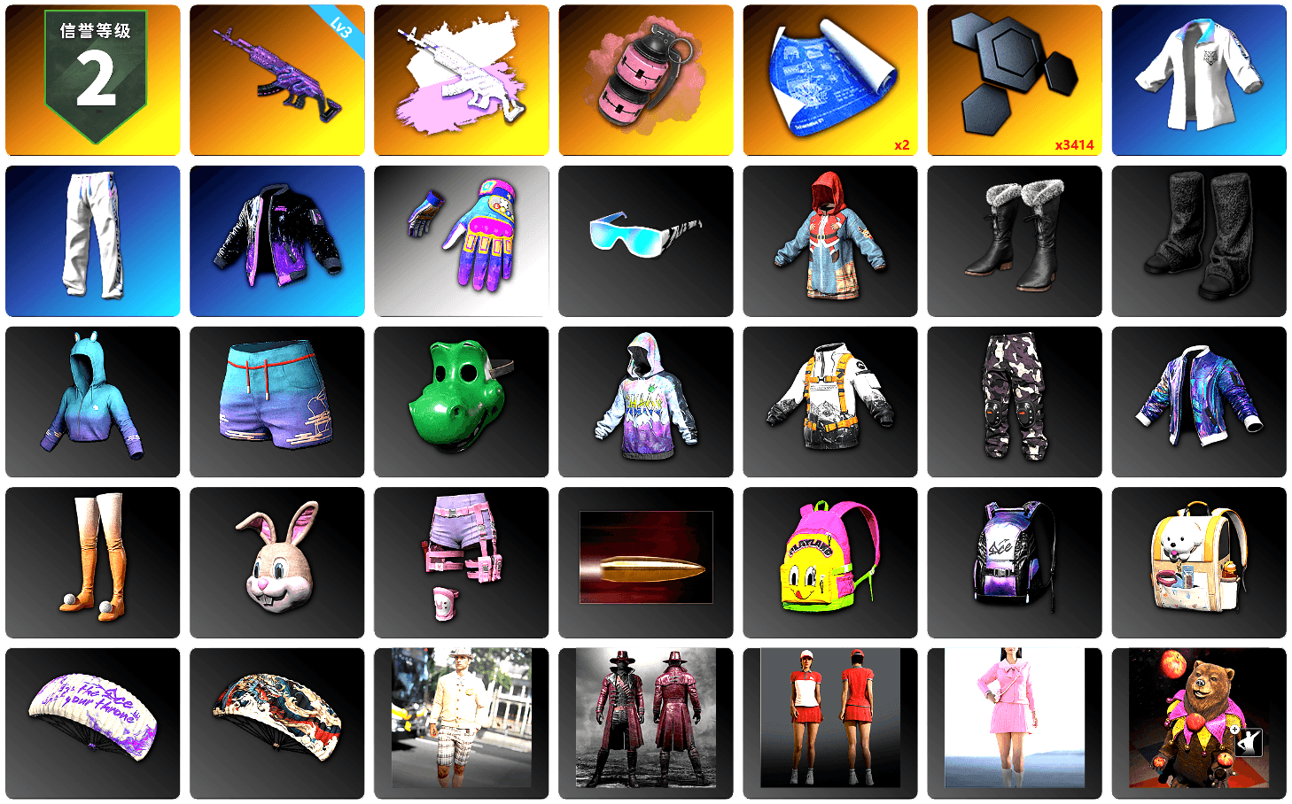 Pink Smoke Grenade, Bunny Academy Sailor Gloves, XingHun's Tiger Strike Jacket, XingHun's Tiger Strike Pants, Aixleft's Gaming Streamer Hoodie, XingHun's Tiger Strike Snow Glasses, Parachute