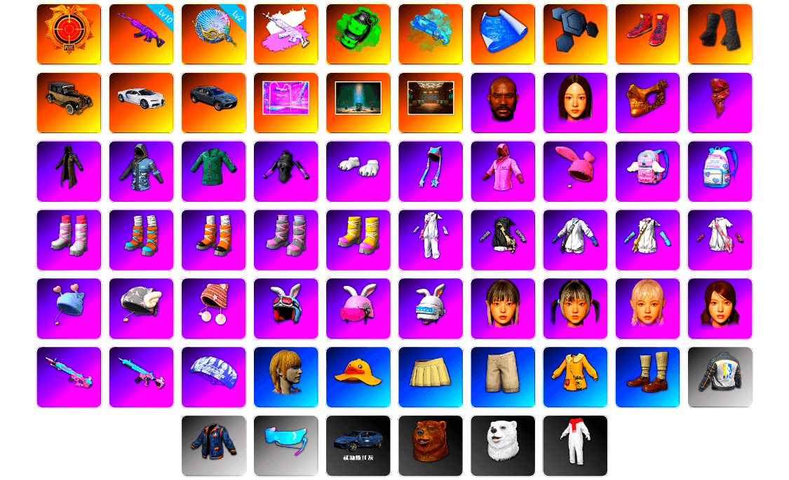 Medusa — Beryl M762 [10], Siren — Pan [2], Emerald Smoke Grenade, Blue Magical Mist — M79, Hi-top Trainers (Red), Duncan's Infiltrator Handwraps, «Chiron» Sports Car, «Chiron» Sports Car, «Urus S» SUV, PUBG x NewJeans Stage, Chamber of Triumph, Secret Showroom, Jonathan Kamau, PGC 2021 Contingent Chaos Mask, PLAYERUNKNOWN's Bandana, Heavy Fur Coat (Black), Training Jacket (Green), PGC 2022 Tac-Tech Shirt, Polar Bear Feet, Rash Beixli Xtra Tough Jacket, Harley Quinn's Hair, Bunny Academy Sailor Gloves, Rash Beixli Xtra Tough Jacket, PUBG X NEWJEANS DANIELLE SET, PUBG x NewJeans HYEIN, Parachute, NPL 2019 Phase 2 Jacket, Aixleft's Gaming Streamer Hoodie, Exquisite Pants, Bunny Academy Gloves, MET Asia Series Bomber Jacket, Heavy Fur Coat (Black), LINE FRIENDS CHOCO SET, StreamerOne, GPT 2025 Four Angry Men Jacket, LINE FRIENDS SALLY SET, Diva Glasses (White), 86 Adventure Hat, Headset Bucket Hat, Grizz's Mask, HUYA T-shirt, DOUYU T-shirt, Sideshow Bear Feet